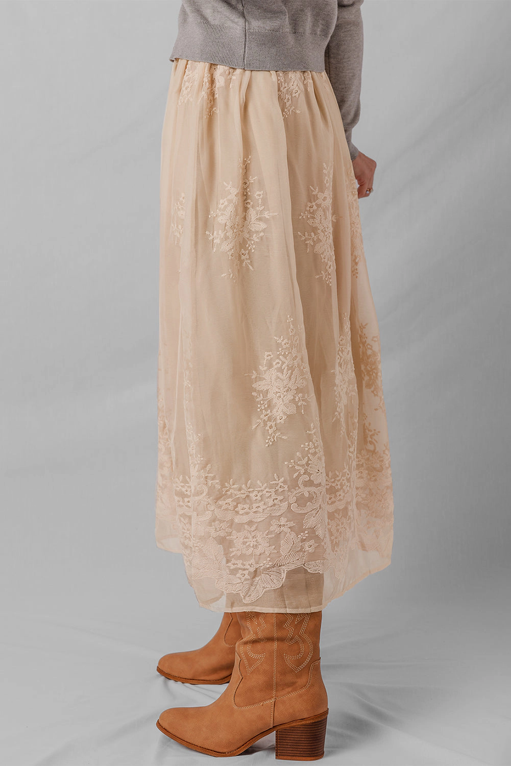 Threaded Pear Women's Vivienne Embroidered Mesh Overlay Long Skirt