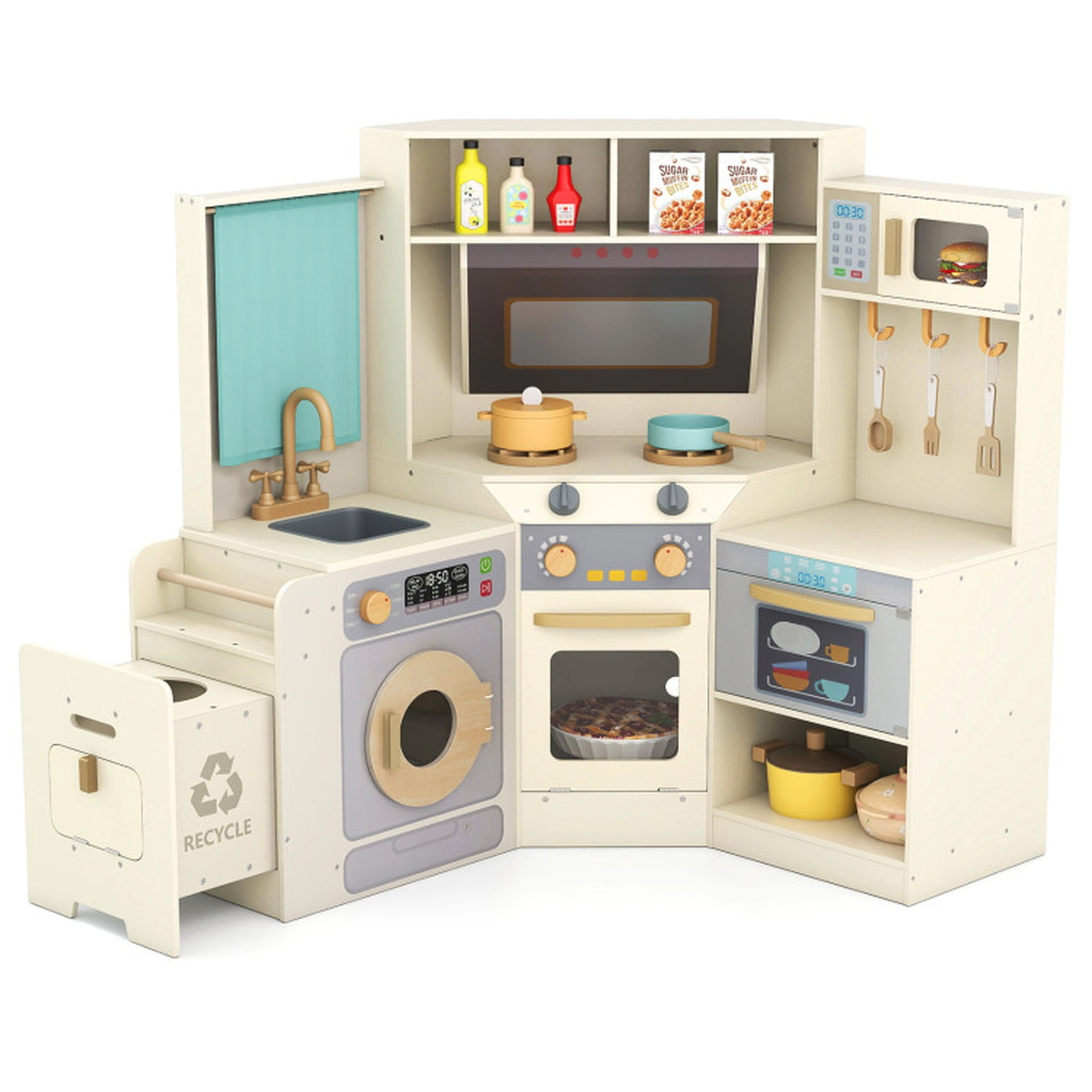 SUGIFT Corner Wooden Kitchen Toys with Lights and Sounds with Pull-out Trash Can 46-in Wide Ages 3+ Off White
