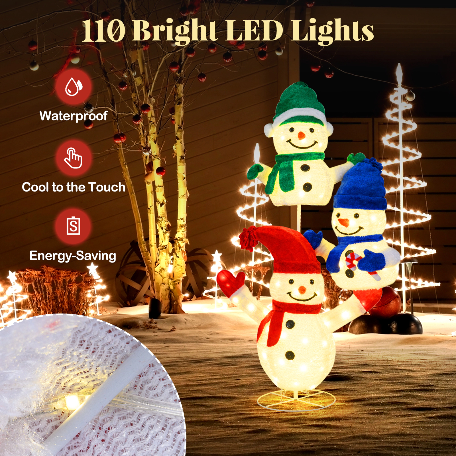 SUGIFT White 5-ft Stacked Snowman Lighted Christmas Decoration with 110 LED Lights Hats and Scarves