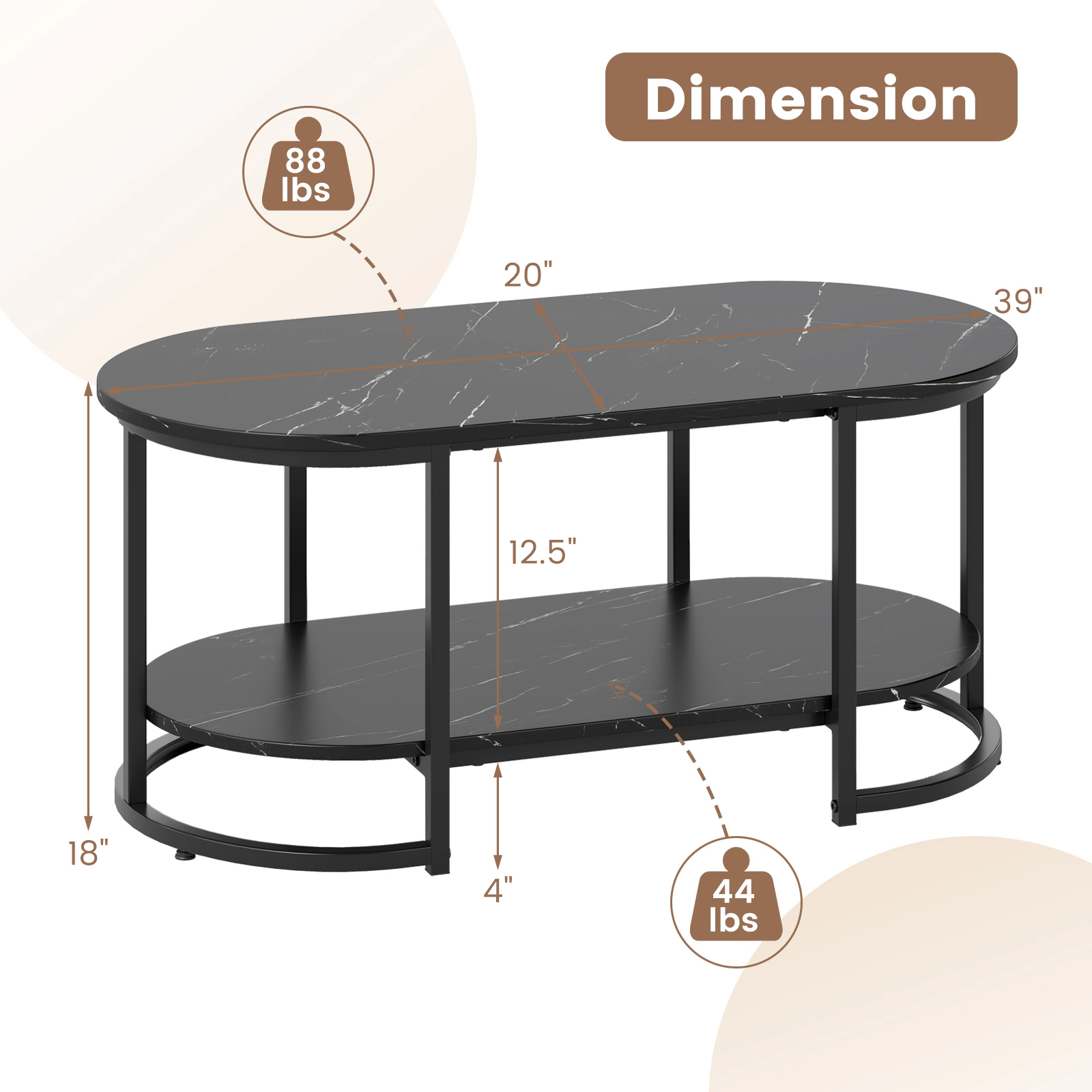 Glintex 2-Tier 39.5-Inch Faux Marble Coffee Table with Metal Tube Frame