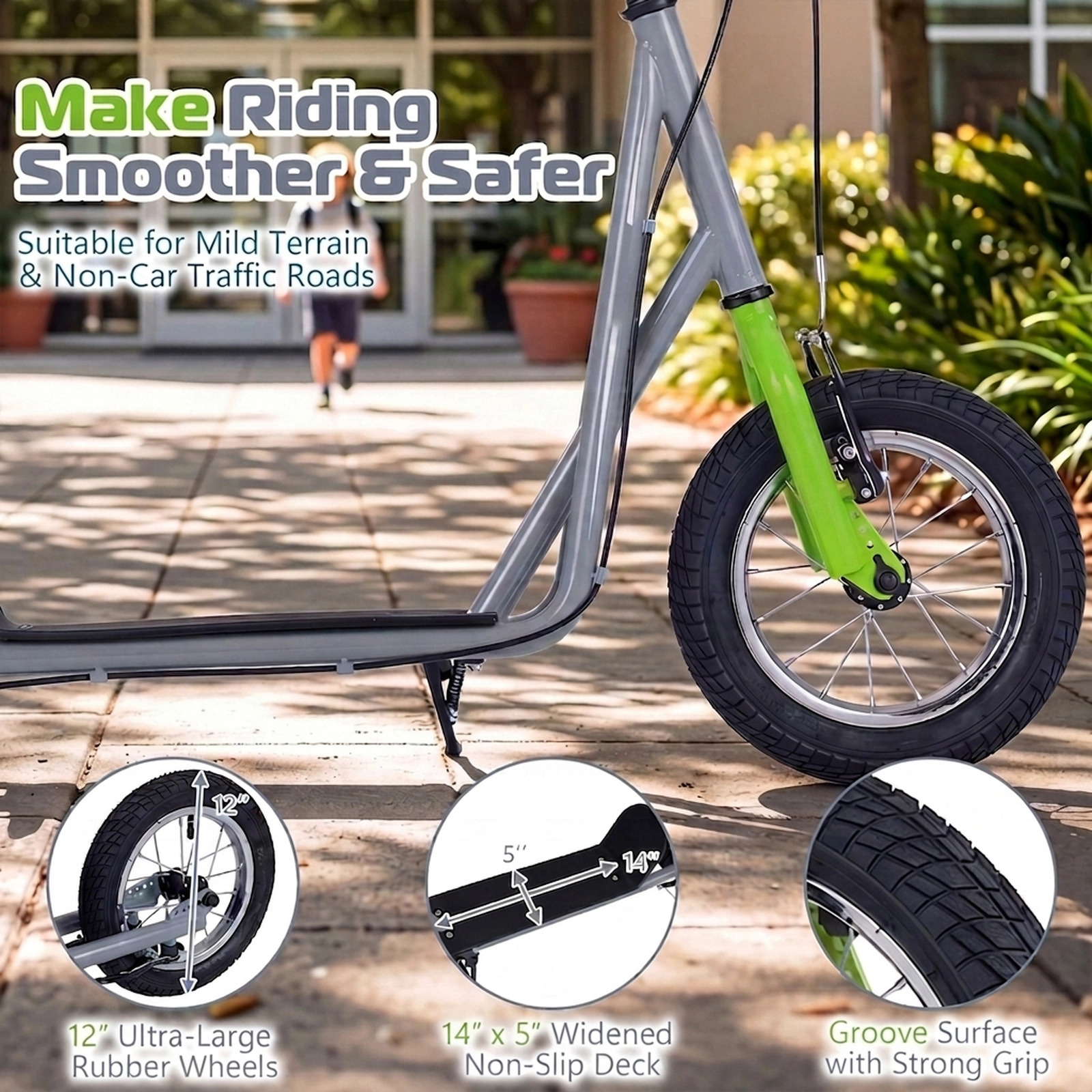 SUGIFT Kids Gray Kick Scooter with 12-in Air-Filled Wheels and Dual V-Brakes 33-in to 35-in H 165-lb Rider Capacity