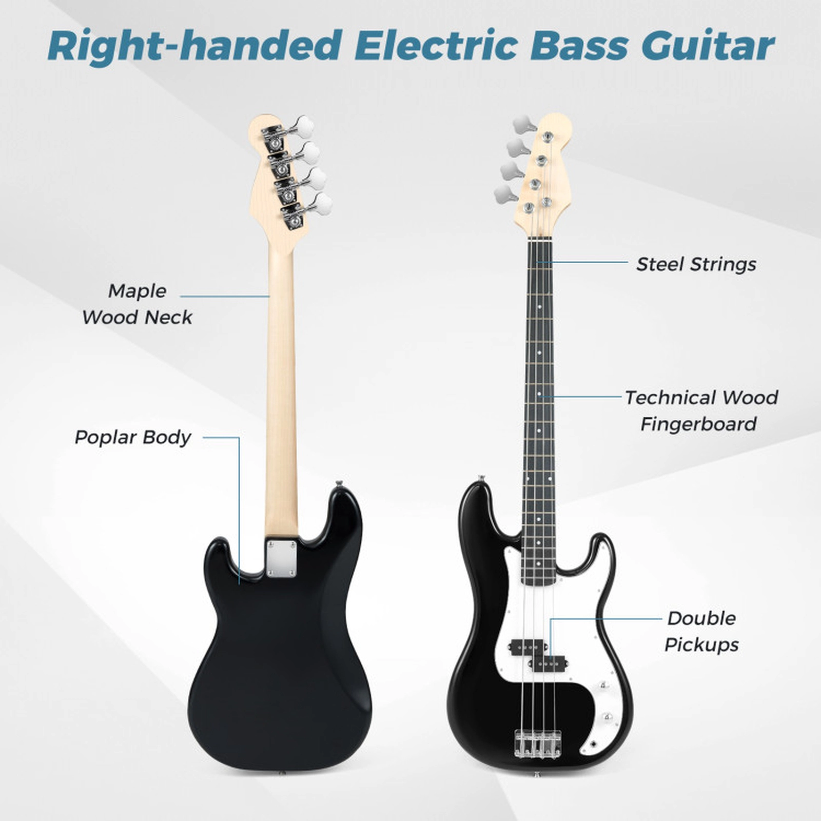 SUGIFT 45.5-in 4-String Electric Bass Guitar Double Pickups Maple Neck Gig Bag Cable Strap 9-lb Beginner Black + White