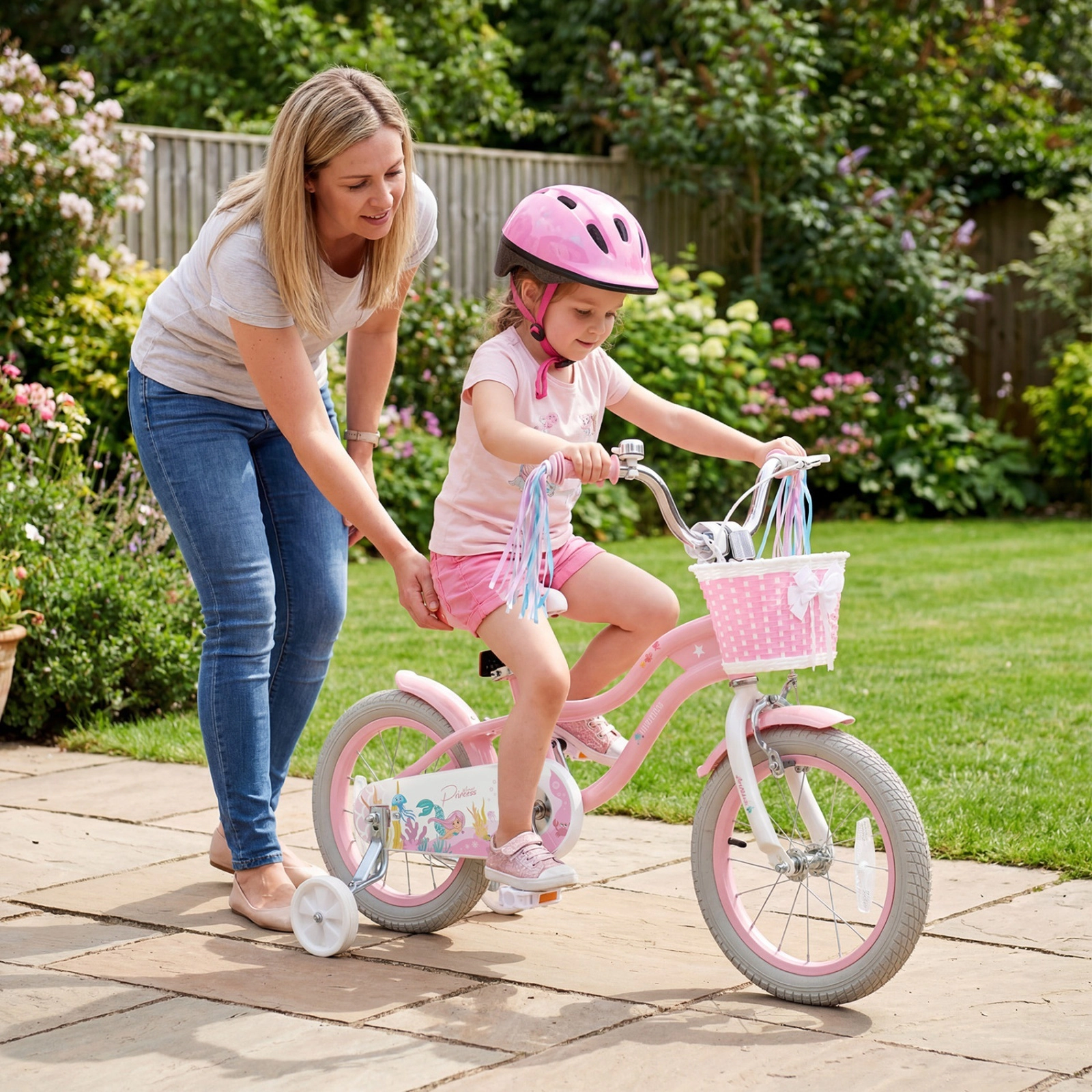 14-in Girls Kids Bike Training Wheels Basket Handlebar Ages 3-5 Pink Bicycle Padded Seat Bell 110-lb Capacity