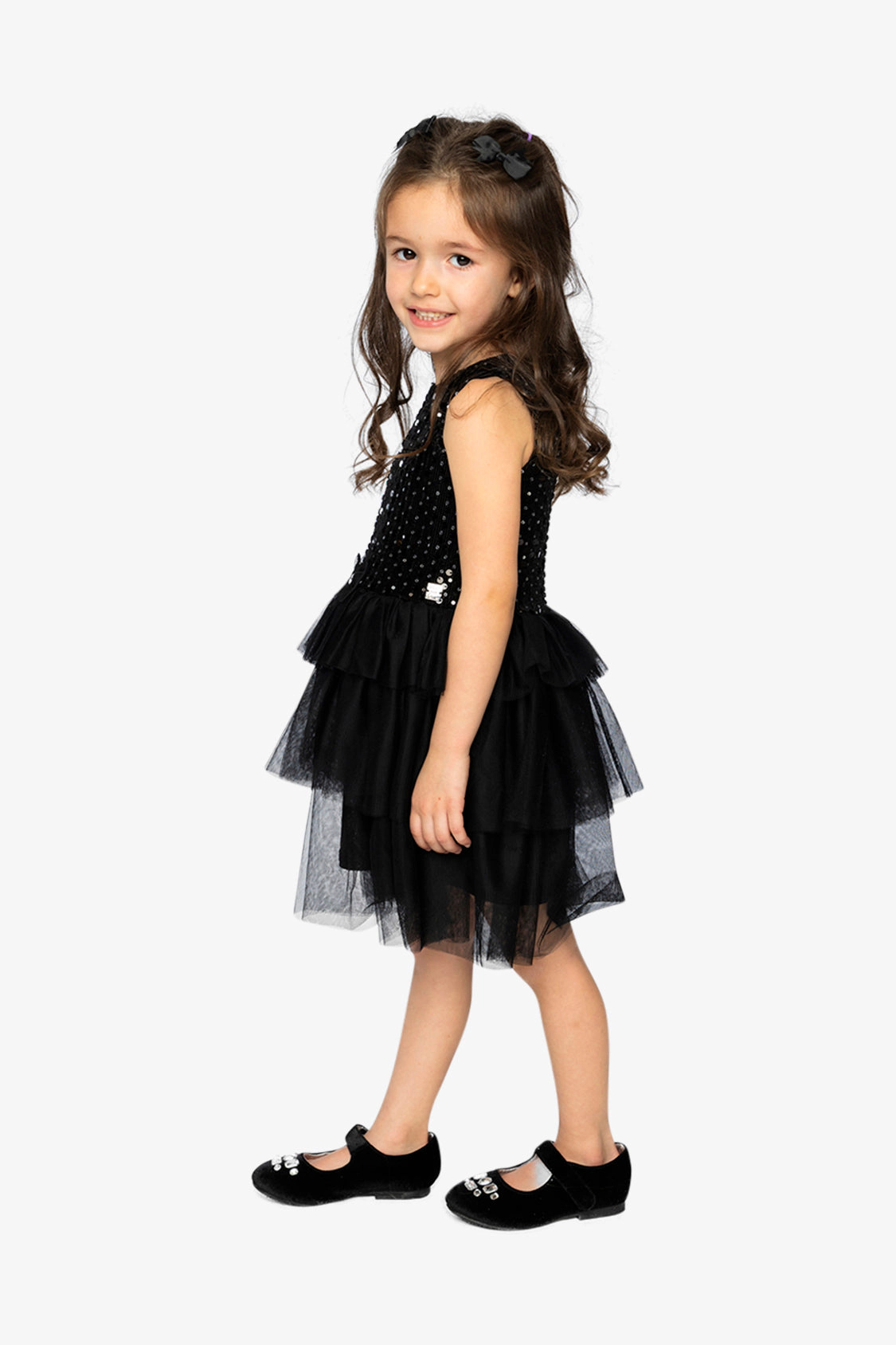 Deux par Girls Bi-Material Sparkle Velour Sleeveless Tiered Mesh Dress