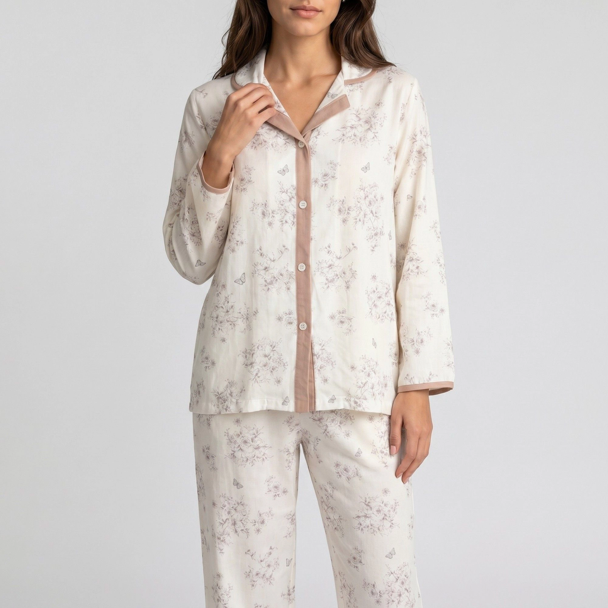 Anna-Kaci Women's 2-Piece Pajama Set Long Sleeve Button Front Shirt and Matching Pants with Floral Butterfly Print