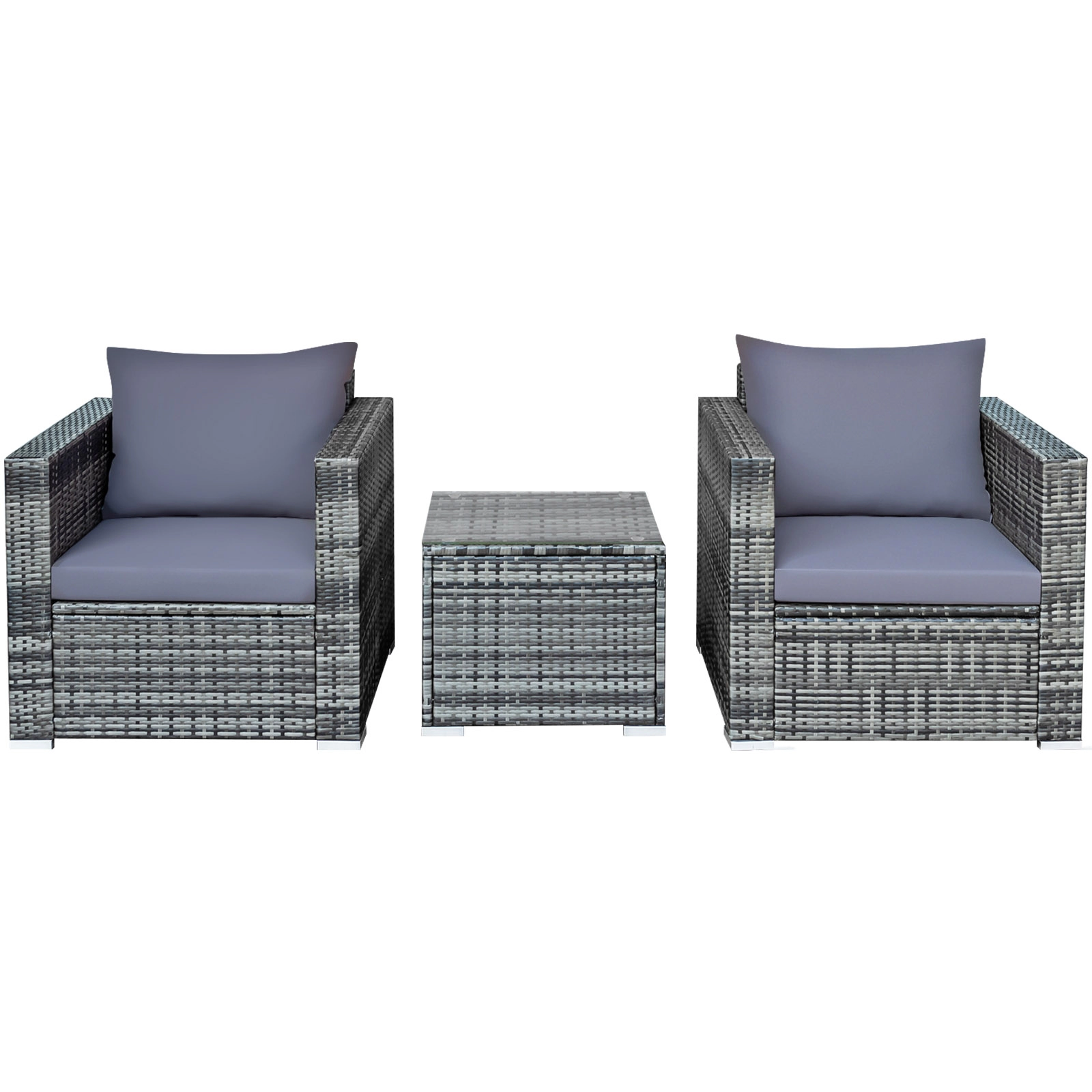 SUGIFT 3 Piece Patio Rattan Bistro Set with Cushions and Tempered Glass Table
