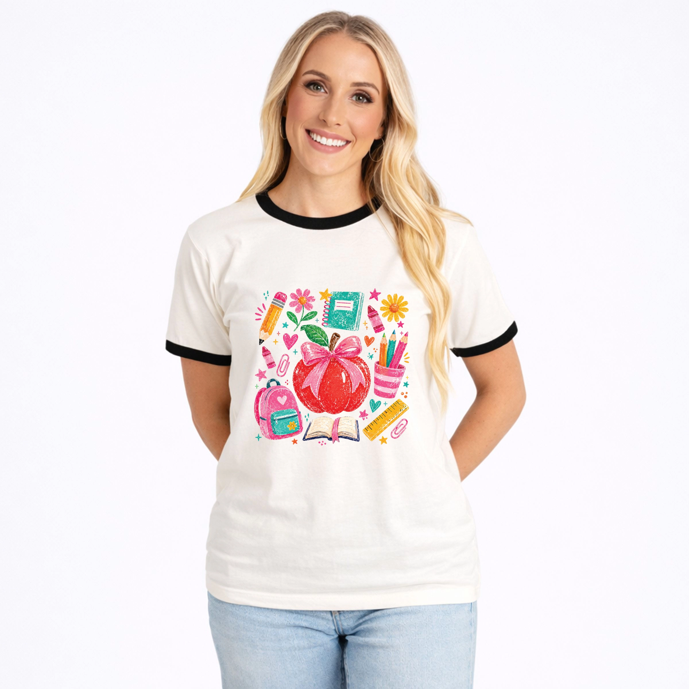 Simply Sage Market - Women's Ringer Graphic T-Shirt Back to School Apple and Supplies