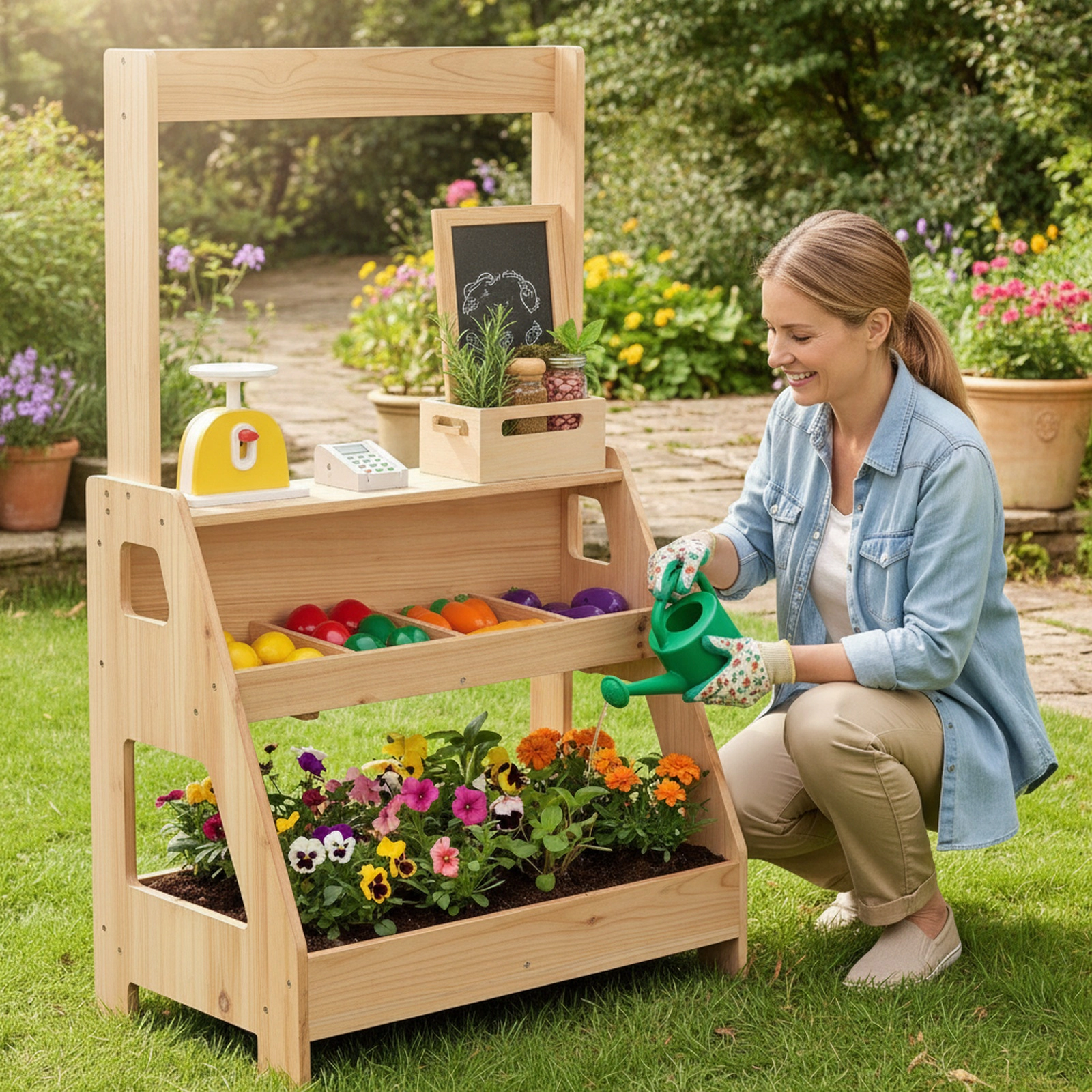 2-in-1 Outdoor Mud Kitchen and Kids Market Stand Planter Box Scale 2 Chalkboards 25-in x 15.5-in x 43-in Fir Wood