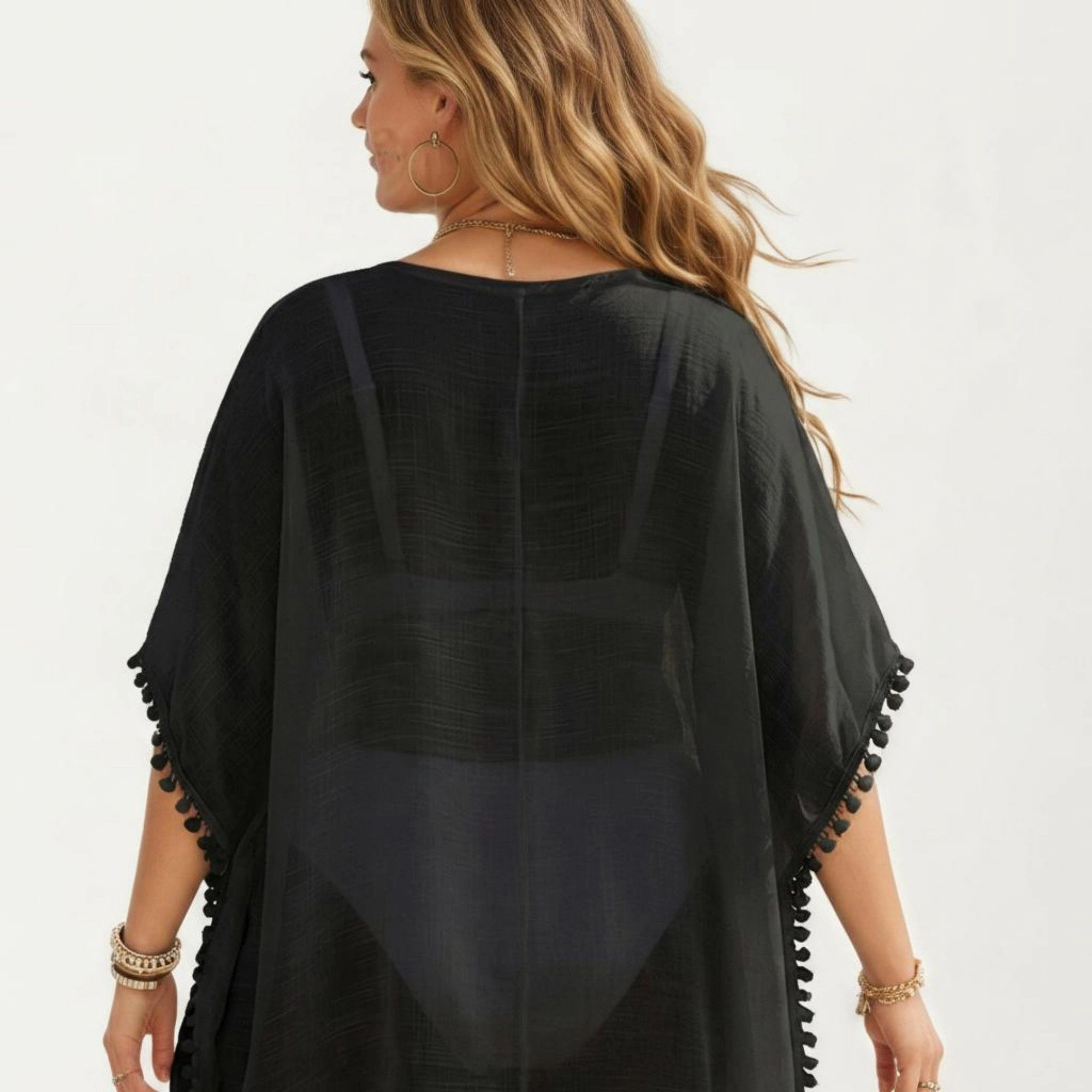 Anna-Kaci Women's Crochet Cutout Neckline Pom Trim Hem Loose Short Sleeve Relaxed Fit Swim Cover Up Dress