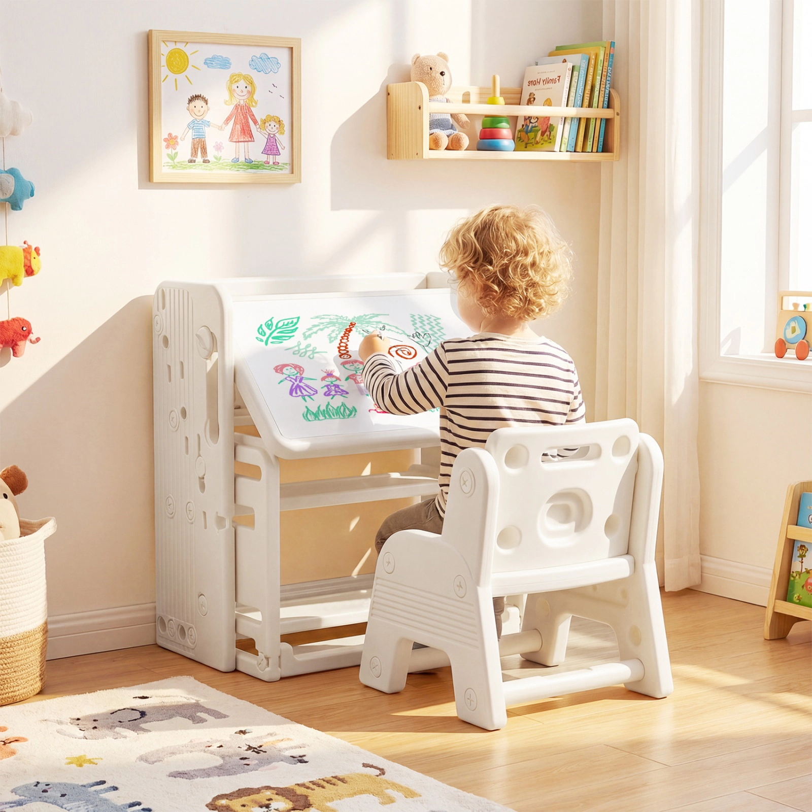 SUGIFT Kids Writing Desk and Chair Set with Tilting Desktop and Side Bookshelves 44-lb Tabletop Capacity Beige
