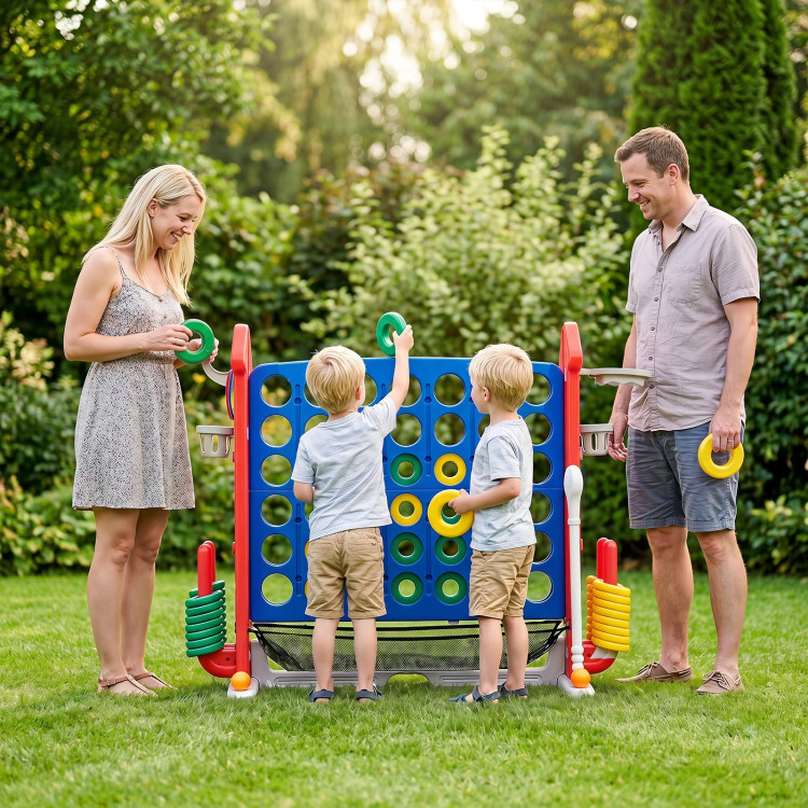 SUGIFT 4-in-1 Height Adjustable 4-in-a-Row Game with Mesh Storage Net Cup Holders and Carrying Bag