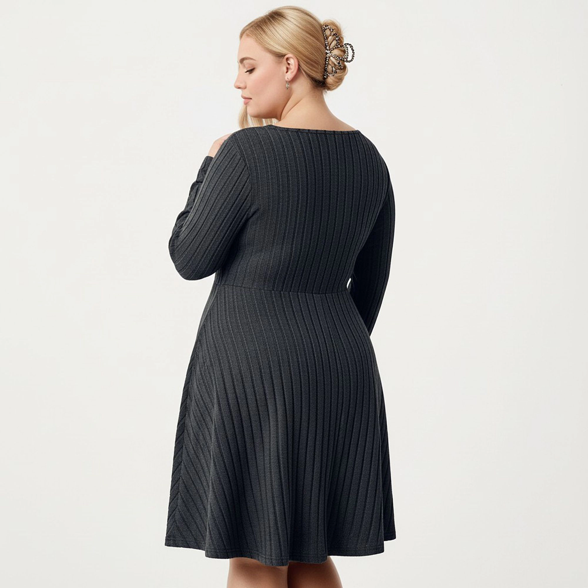 Anna-Kaci Women's Plus Long Sleeve Ribbed Tie Front Flared Skirt Knit Dress