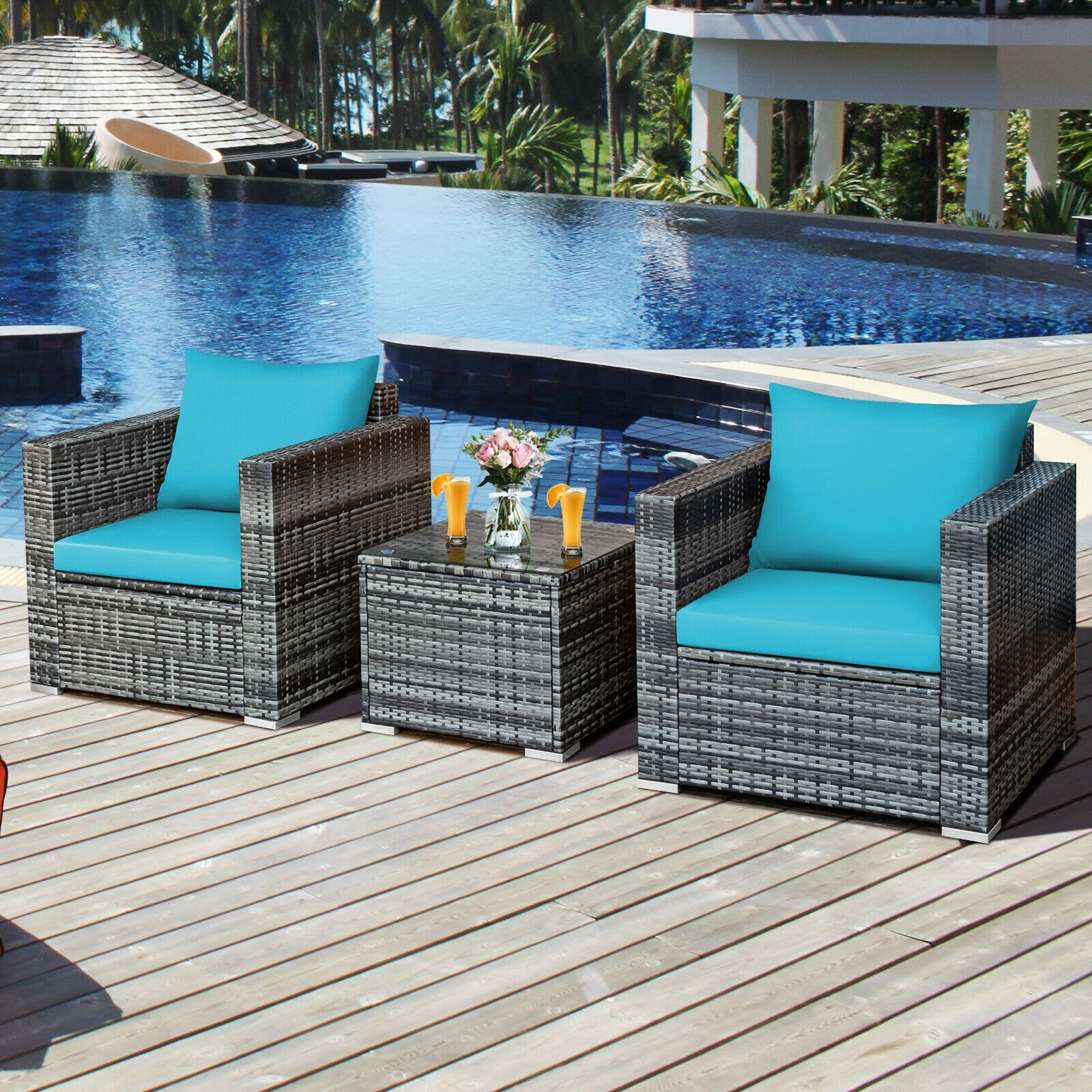 SUGIFT 3-Piece Gray Rattan Patio Conversation Set with 2 Sofa Chairs and Glass Coffee Table