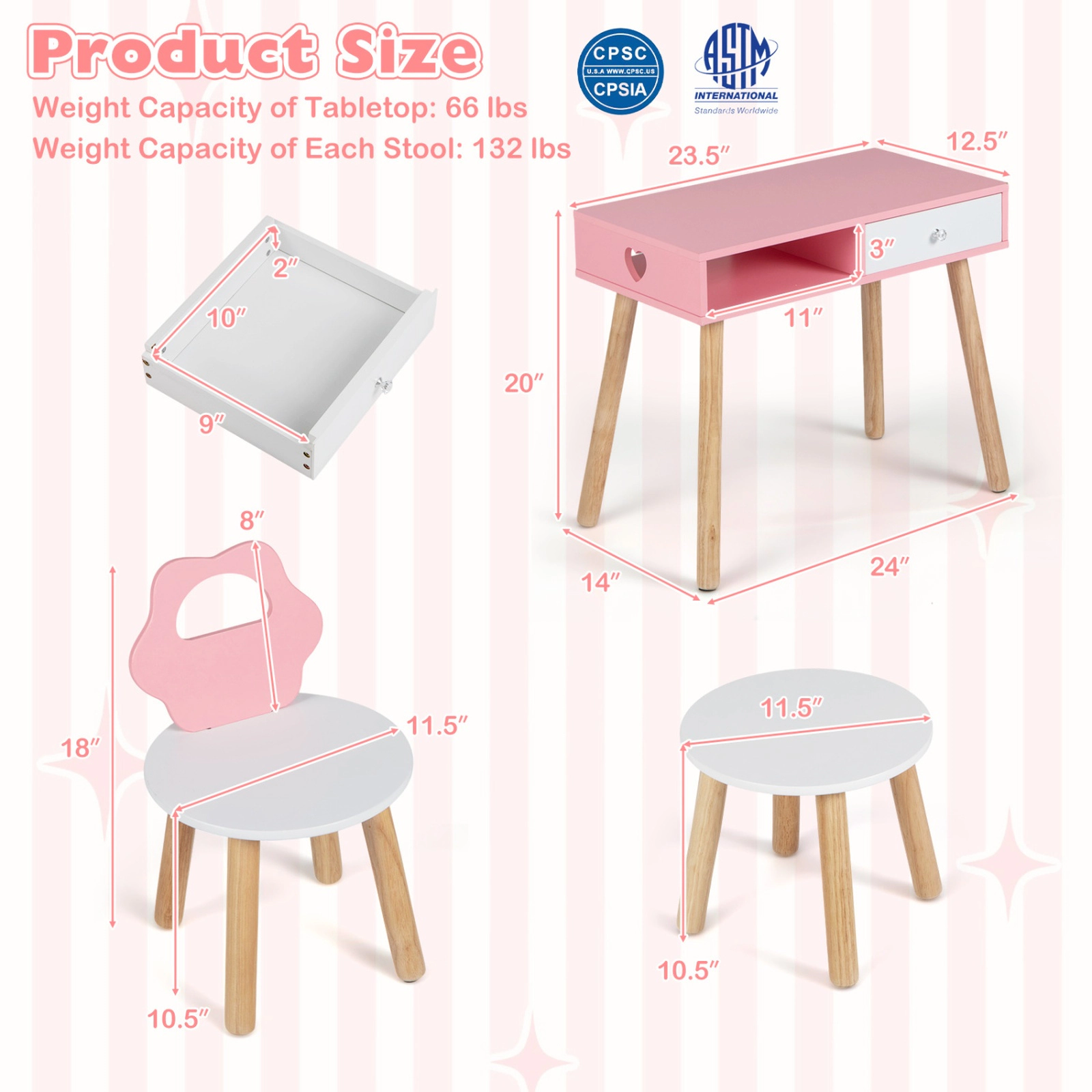 SUGIFT 3-Piece Pretend Nail Salon Playset for Kids with Wooden Table, Chair and Stool