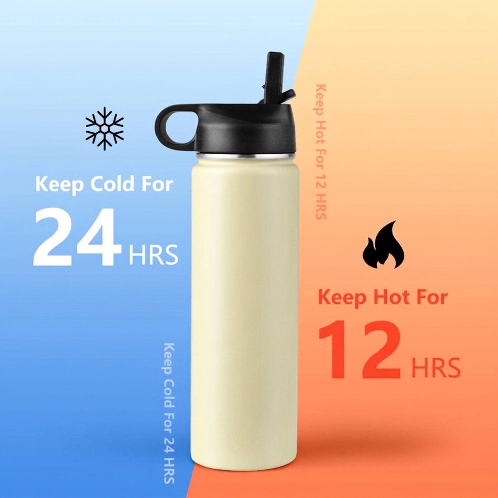SUGIFT 22-oz Beige Insulated Stainless Steel Water Bottle with 2 Lids and Flip-Up Straw 3-in Dia 9.6-in H