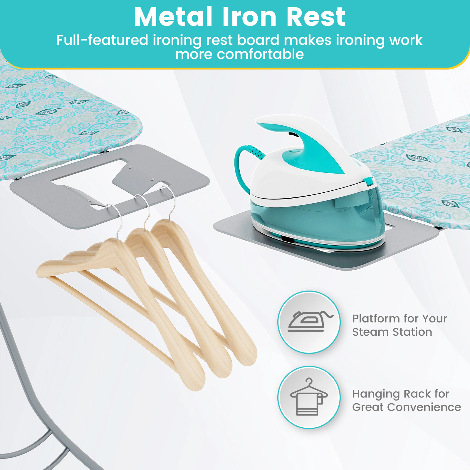 SUGIFT Foldable Adjustable Height Ironing Board Iron Rest 56.5 x 15.5-in Top 27-36-in Height 66-lb Capacity Turquoise