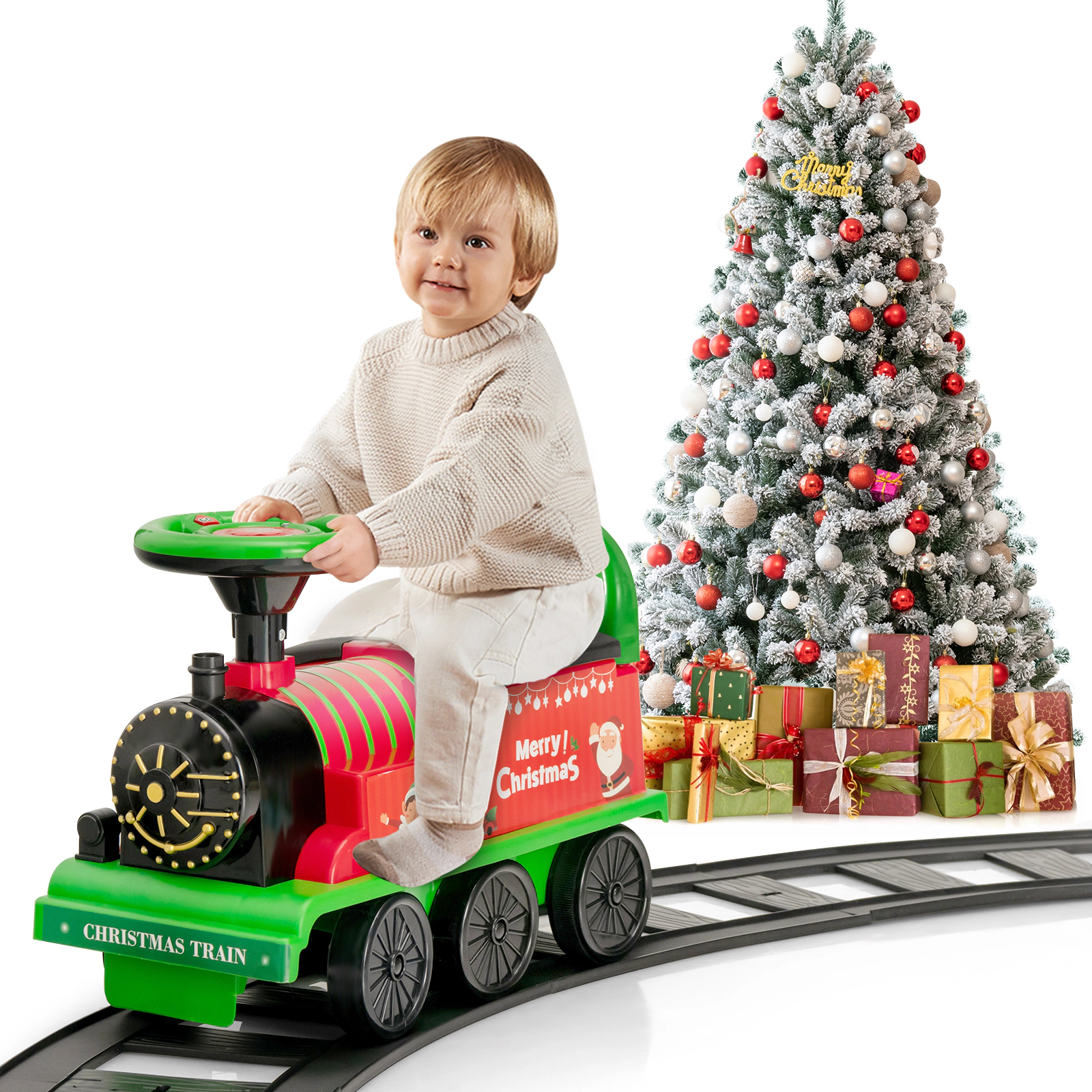 Costway 6V Electric Kids Ride On Train Motorized Train Toy w/ Track & 6 Wheels Blue