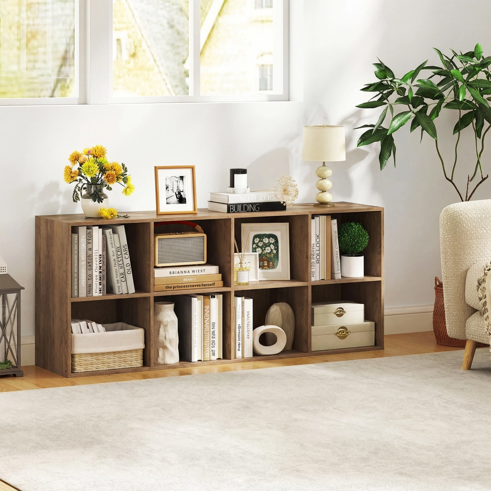 SUGIFT Natural 8-Cube Bookcase 48 in Wide with 180-lb Countertop and Anti-Tipping Kits
