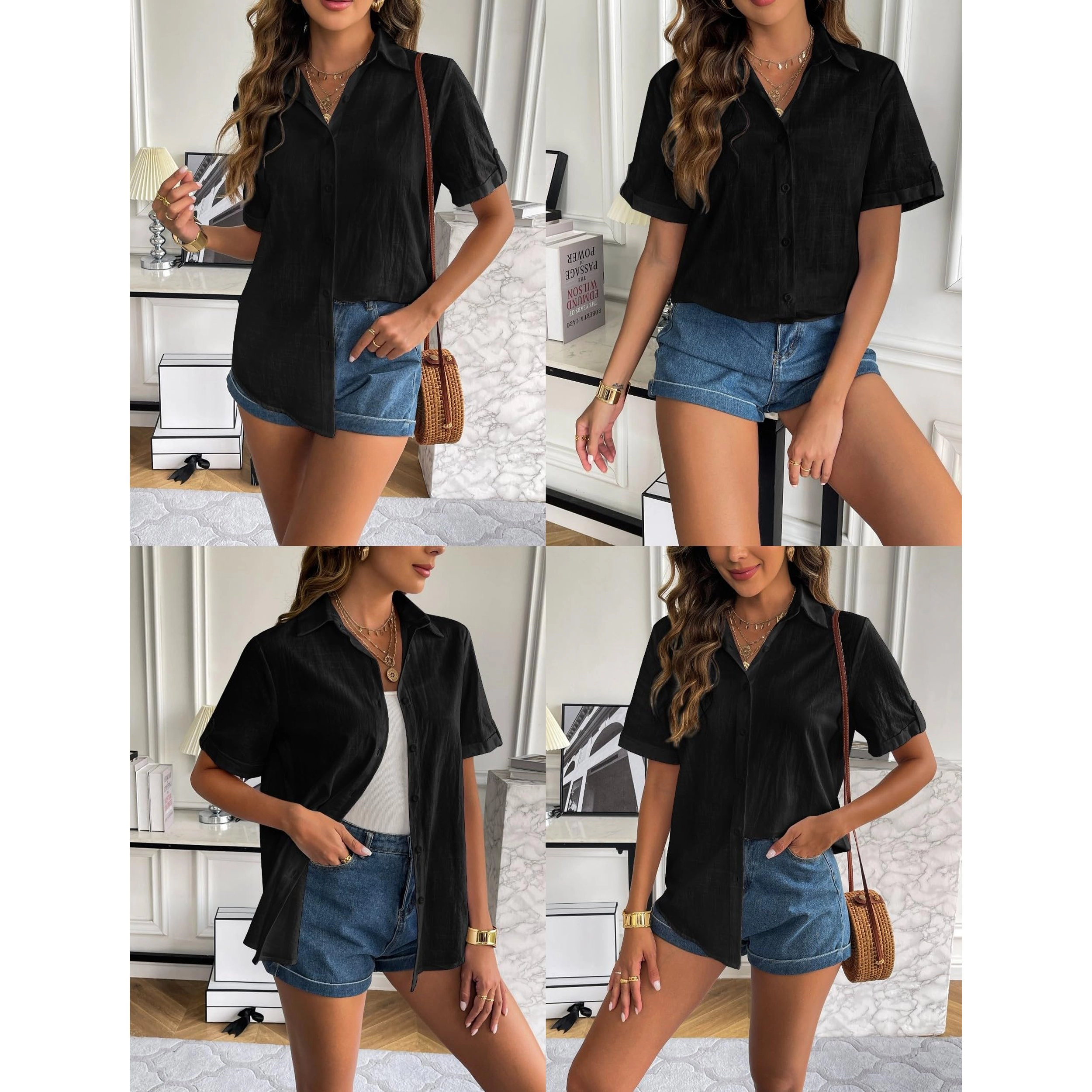 Zeagoo Women s Short Sleeve Button Down V Neck Cotton Linen Blouse, Casual Office Work Tunic Tops