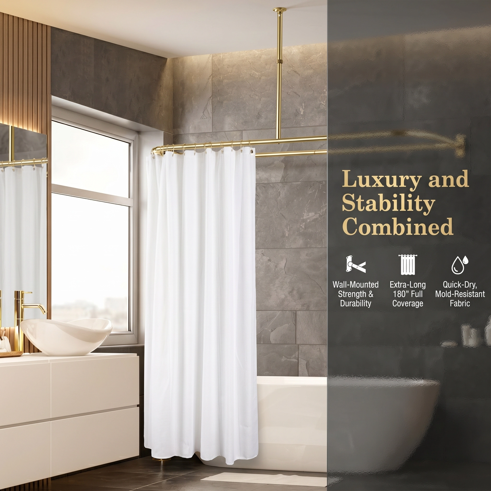 Utopia Alley D-Shaped Shower Rod with Ceiling Support, 28-68" Large Space Rod, Curtain 180x70 inch