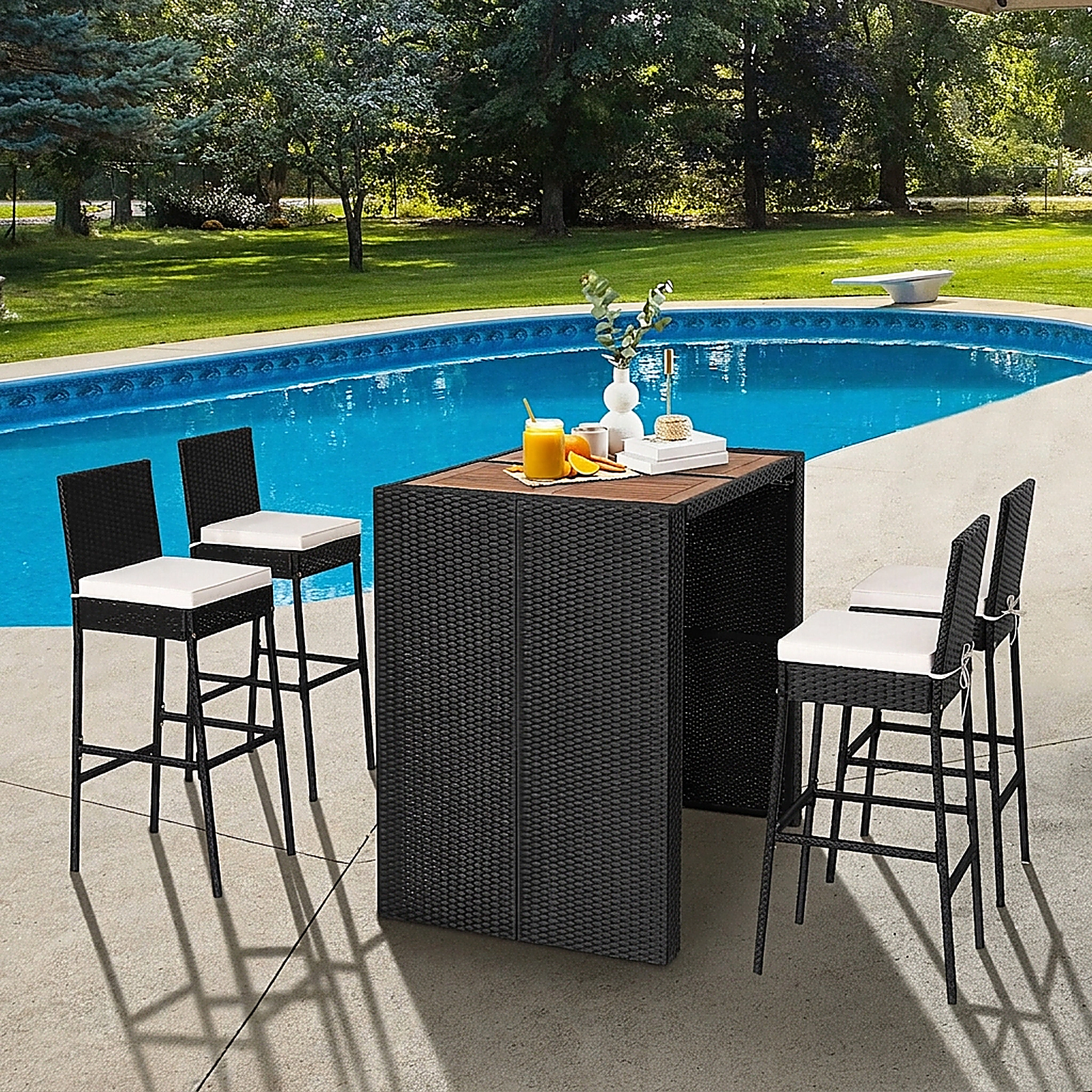 SUGIFT 5-Piece Black Patio Bar Set with Acacia Table, 4 Wicker Stools and Cushions