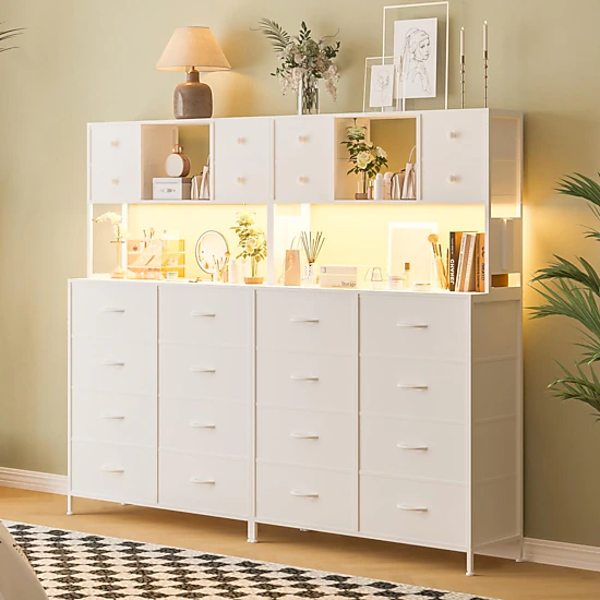 12 Drawer Fabric Dresser with LED Lights, Power Outlet & Open Shelves, Wood Top Metal Frame