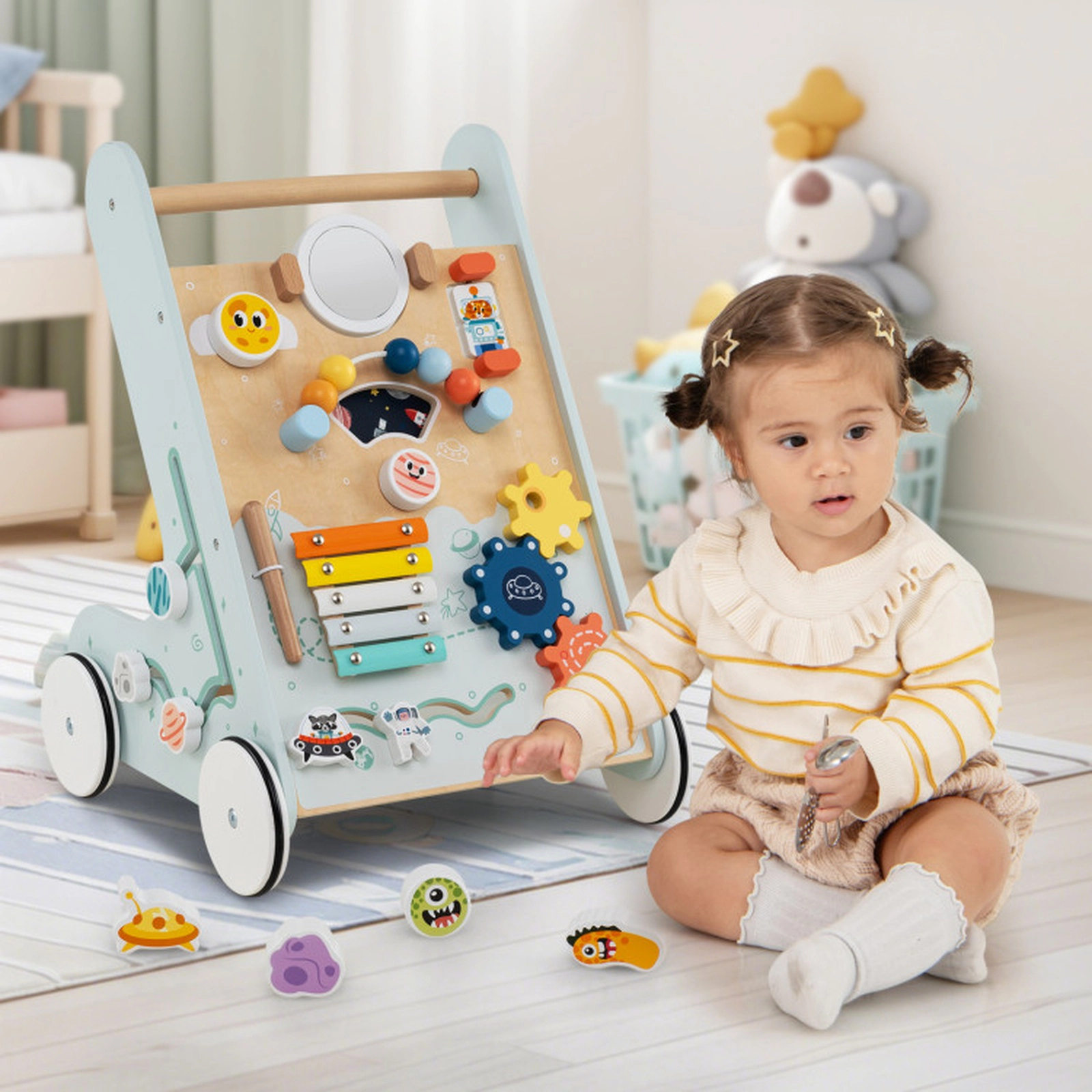 SUGIFT 8-in-1 Wooden Baby Walker Push and Pull Learning Activity Center with Wheels 5-lb Frame Ages 1+ Years Green/Blue
