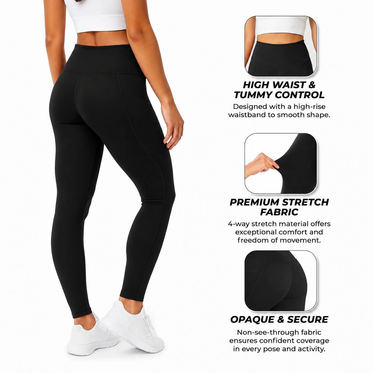 WOVA COUTURE Womens High Waist Moisture Wicking Leggings with Side Pockets