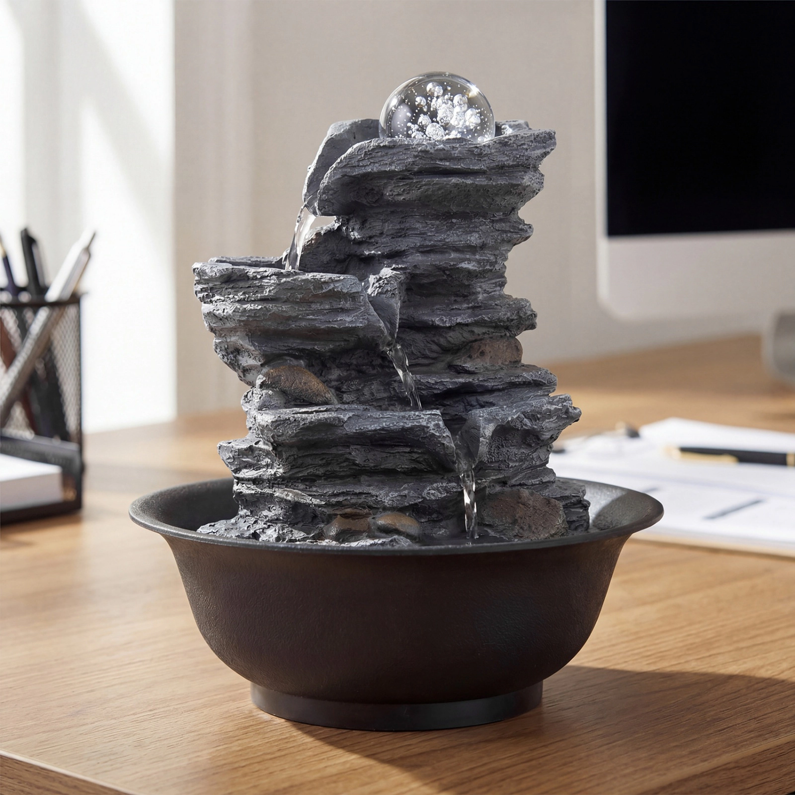 SUGIFT Black Tabletop Water Fountain with Rolling Crystal Ball and Color-Changing LED Light 8.5-in Dia 10.5-in H