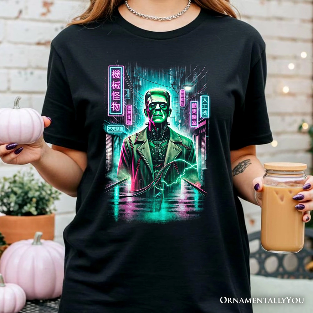 OrnamentallyYou Mens Cyberpunk Frankenstein Neon Halloween Monster T-Shirt