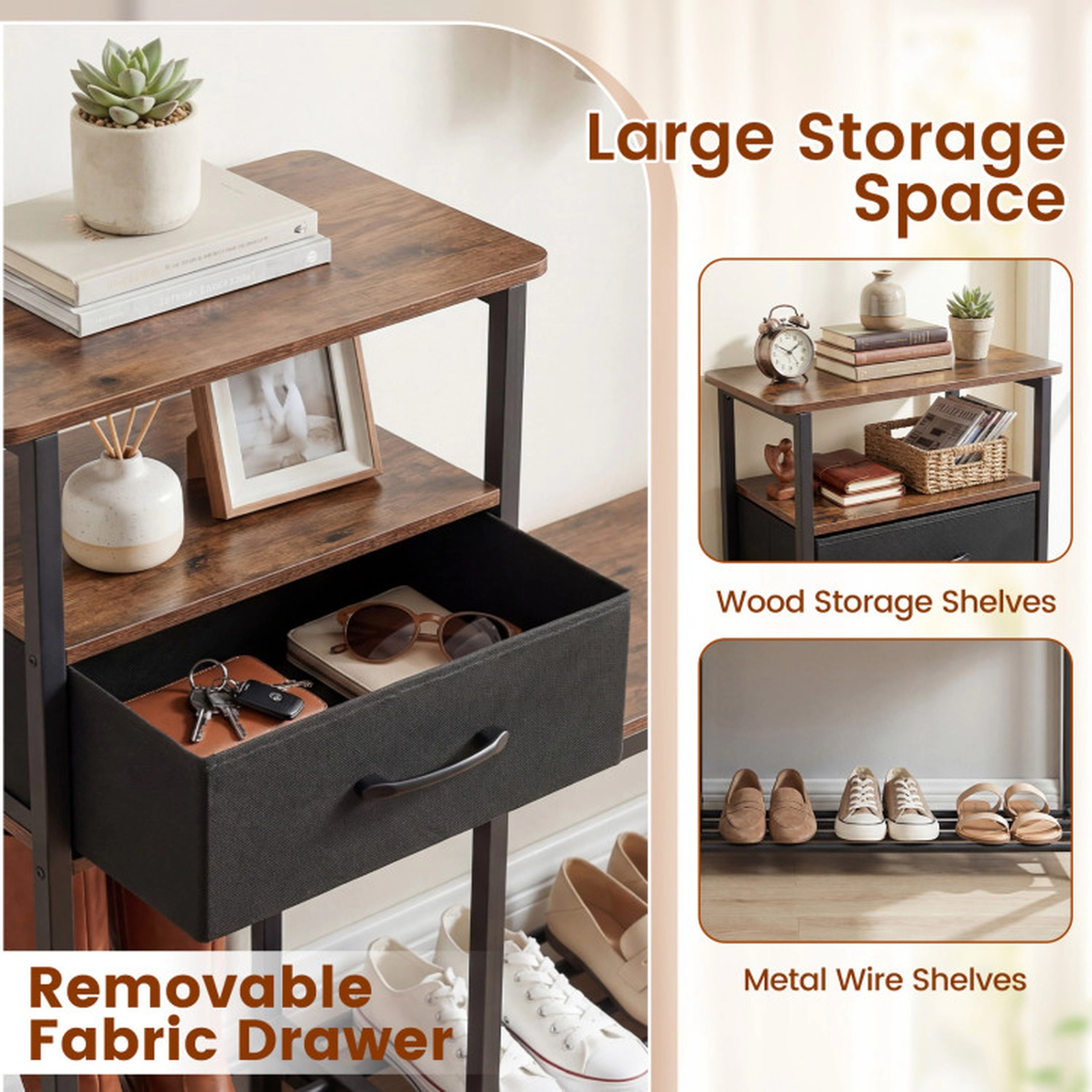 SUGIFT Rustic Brown Fabric Drawer and Industrial Metal Frame 3-Tier 46.5 Inch Shoe Rack Bench