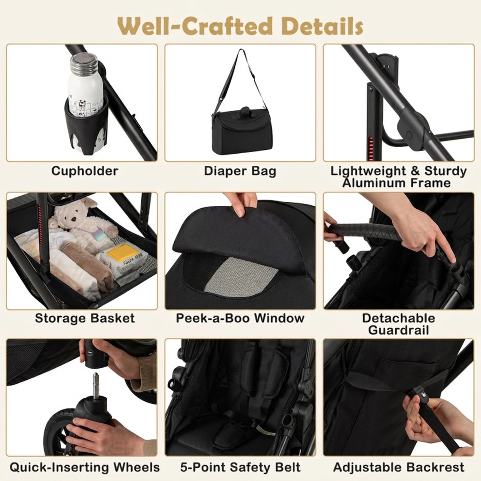 SUGIFT Baby Black 3-in-1 Folding Stroller with Detachable Bassinet and 4-Level Canopy 38-in W 48-lb Seat Capacity
