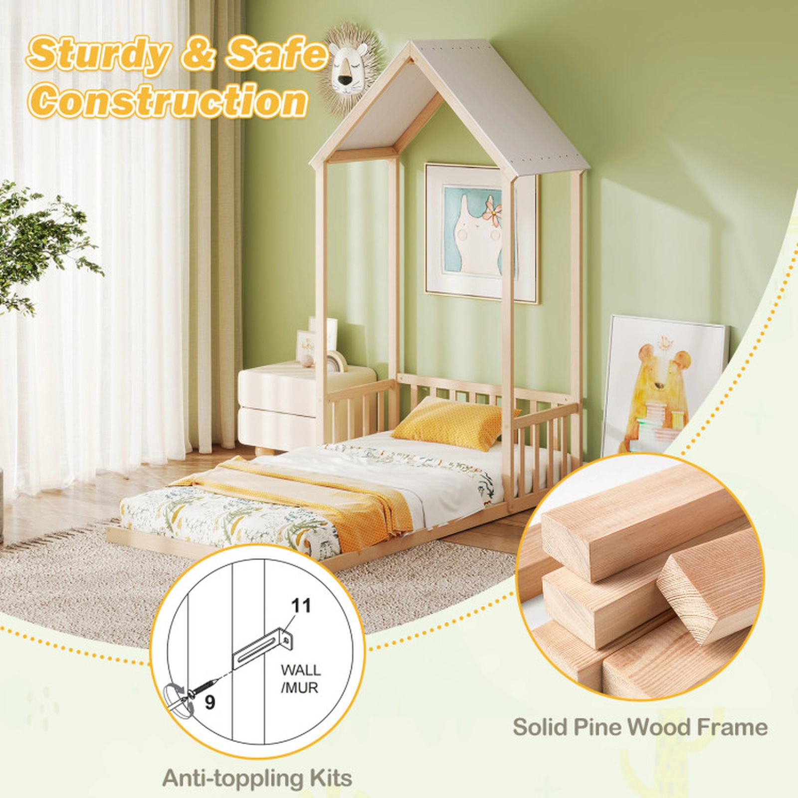 SUGIFT Natural Pitched Roof Semi-Fence and Anti-Toppling Kit Pine Wood Twin Kids House Floor Bed