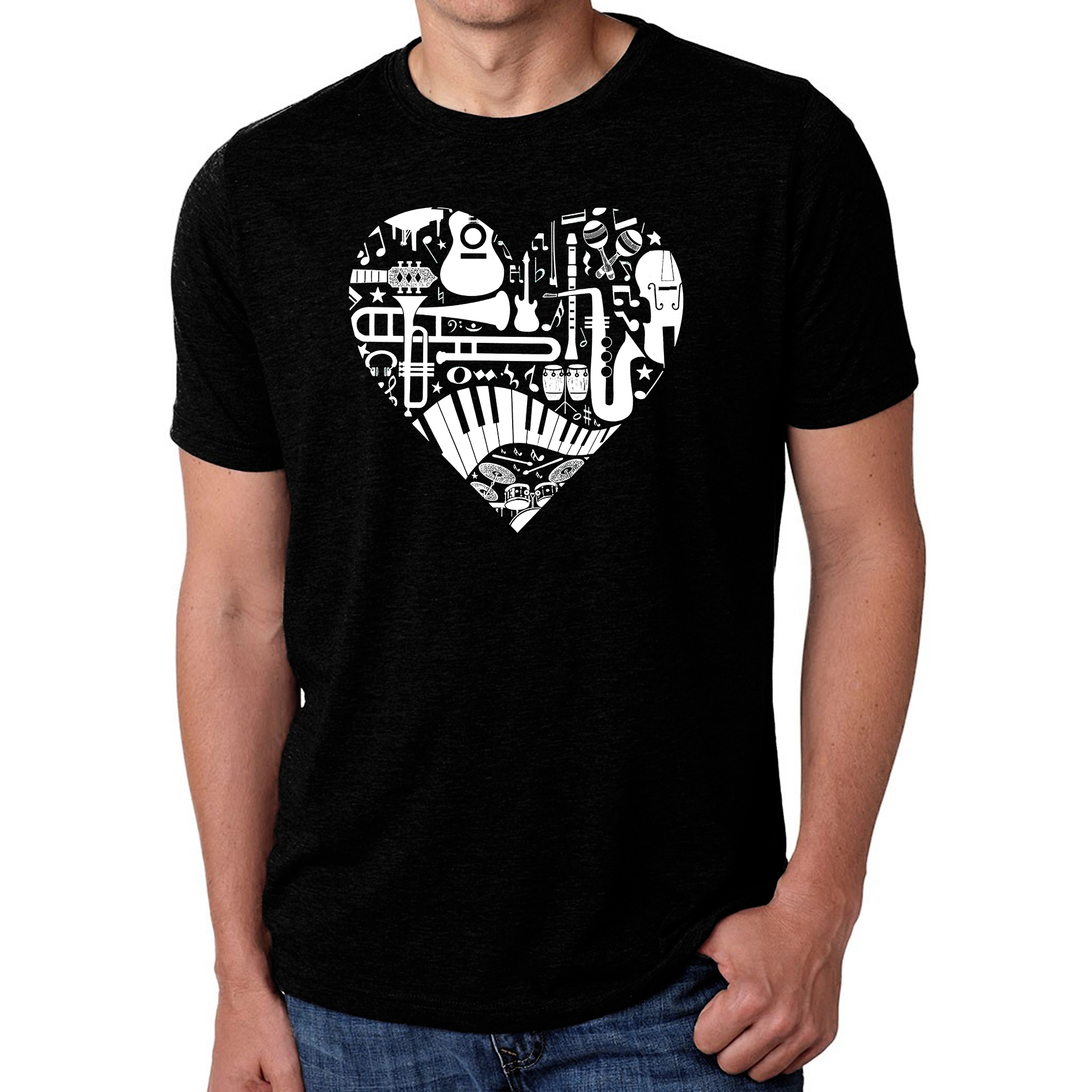 LA Pop Art Men's Cotton-Poly Graphic T-Shirt - Musical Instrument Heart