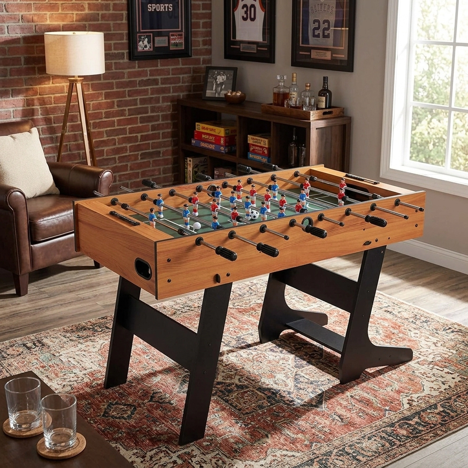 SUGIFT Folding Foosball Game Table with 22 Players and Dual Slide Scorers Design Ages 8 and Up Black/Natural