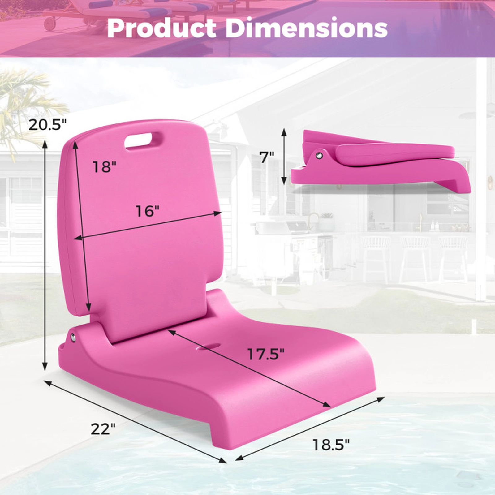 SUGIFT Foldable Carry Handle Back Support Poolside Outdoor Pool Chair 22-in x 18.5-in x 20.5-in 220-lb Capacity Pink