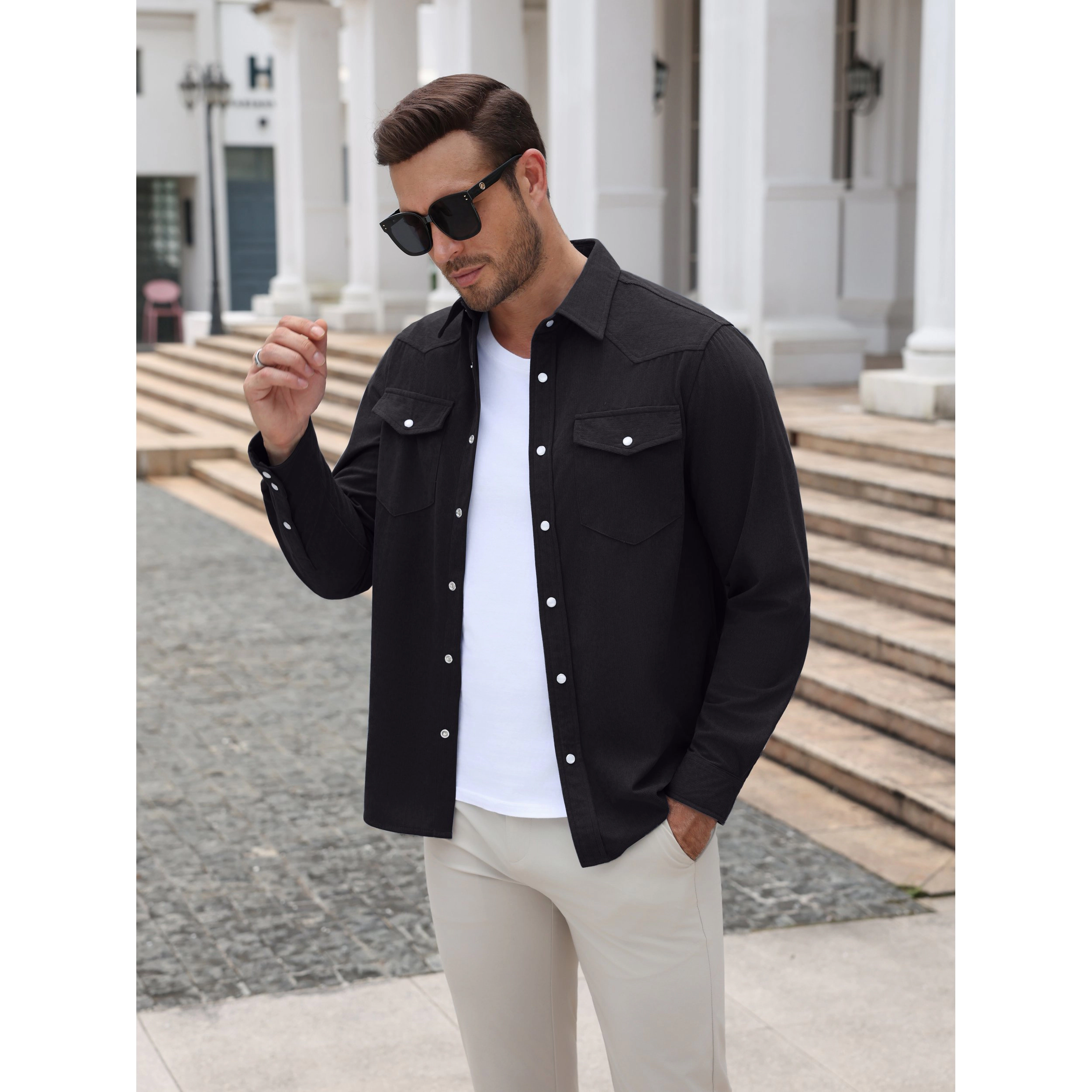 COOFANDY Men's Corduroy Pearl Snap Long Sleeve Western Shirt
