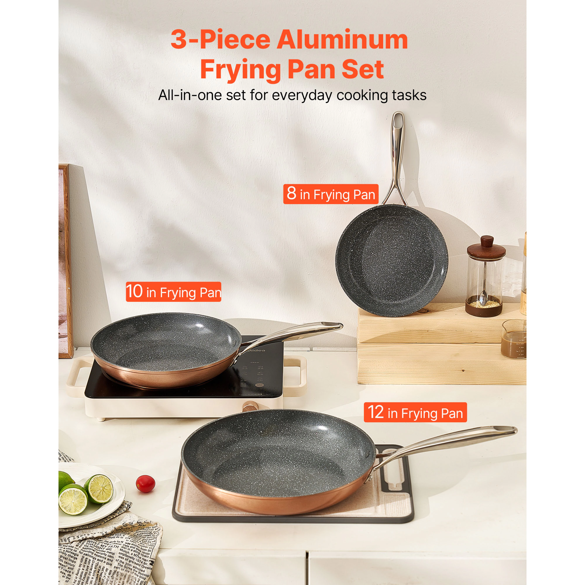 HONGGE Frying Pan 8 10 12 in Skillet with Heat-Resistant Handle Chef's Cookware Oven Gas Electric Induction