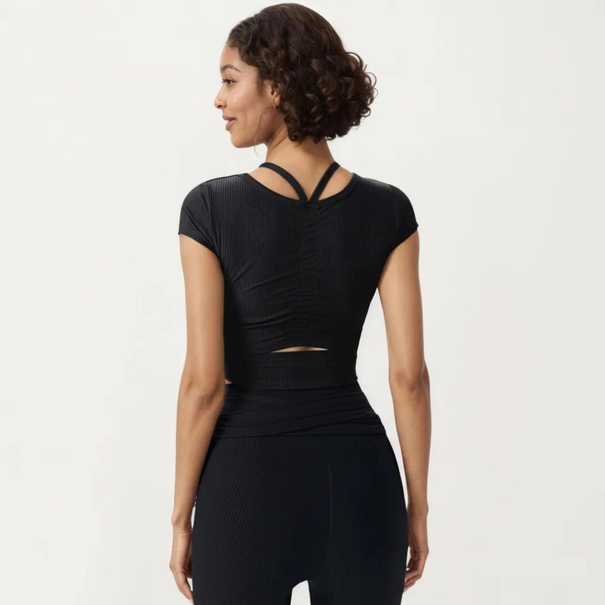Anna-Kaci Women's Short Sleeve Ribbed Active Crop Top with Scoop Neck and Back Strap Detail