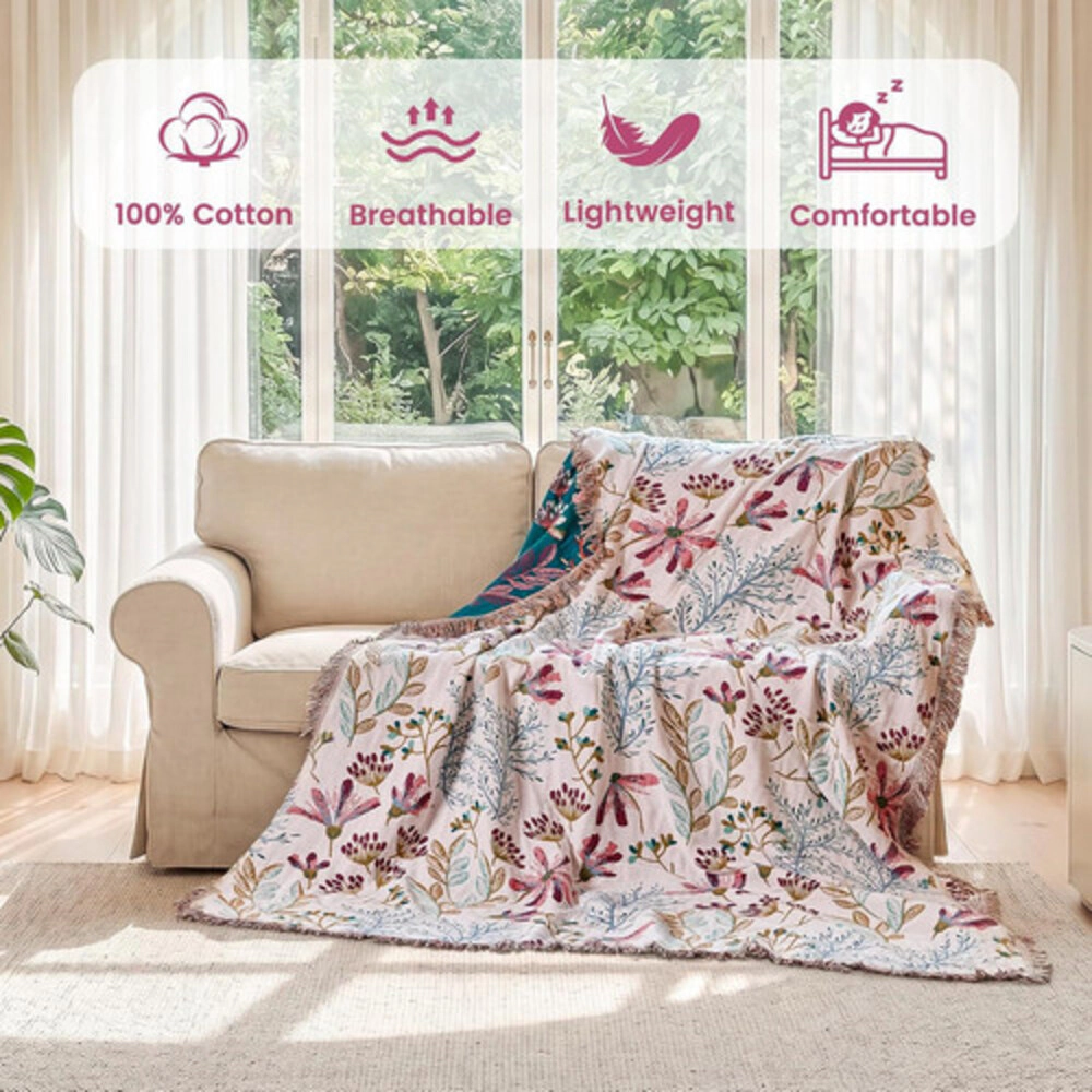 Technopliance Boho Floral Cotton Throw Blanket 60 x 80 Inch Pink