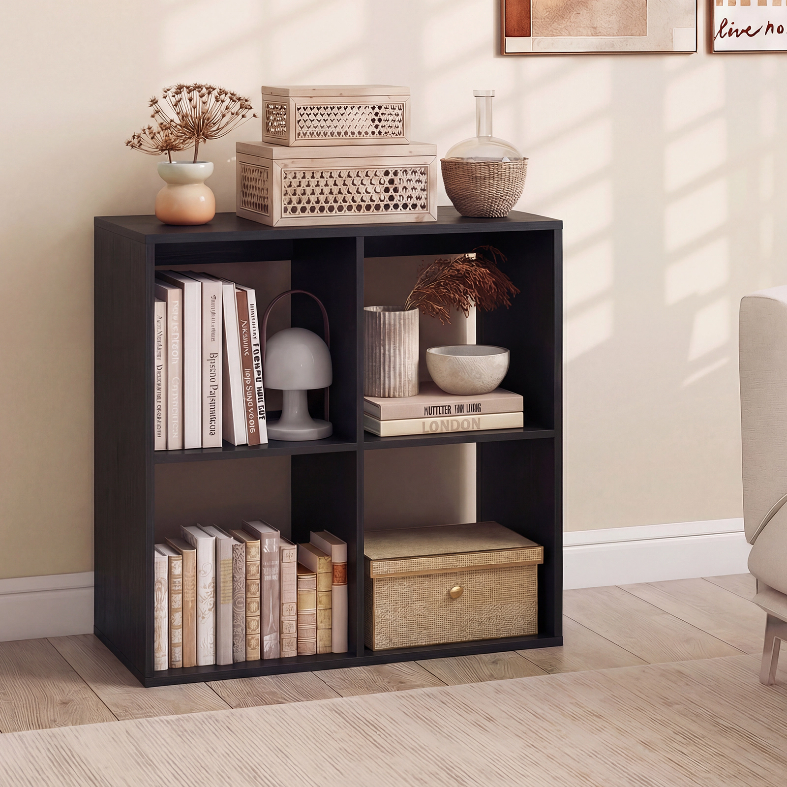 SUGIFT 4-Cube Bookshelf with Back Guardrail and 100-lb Tabletop