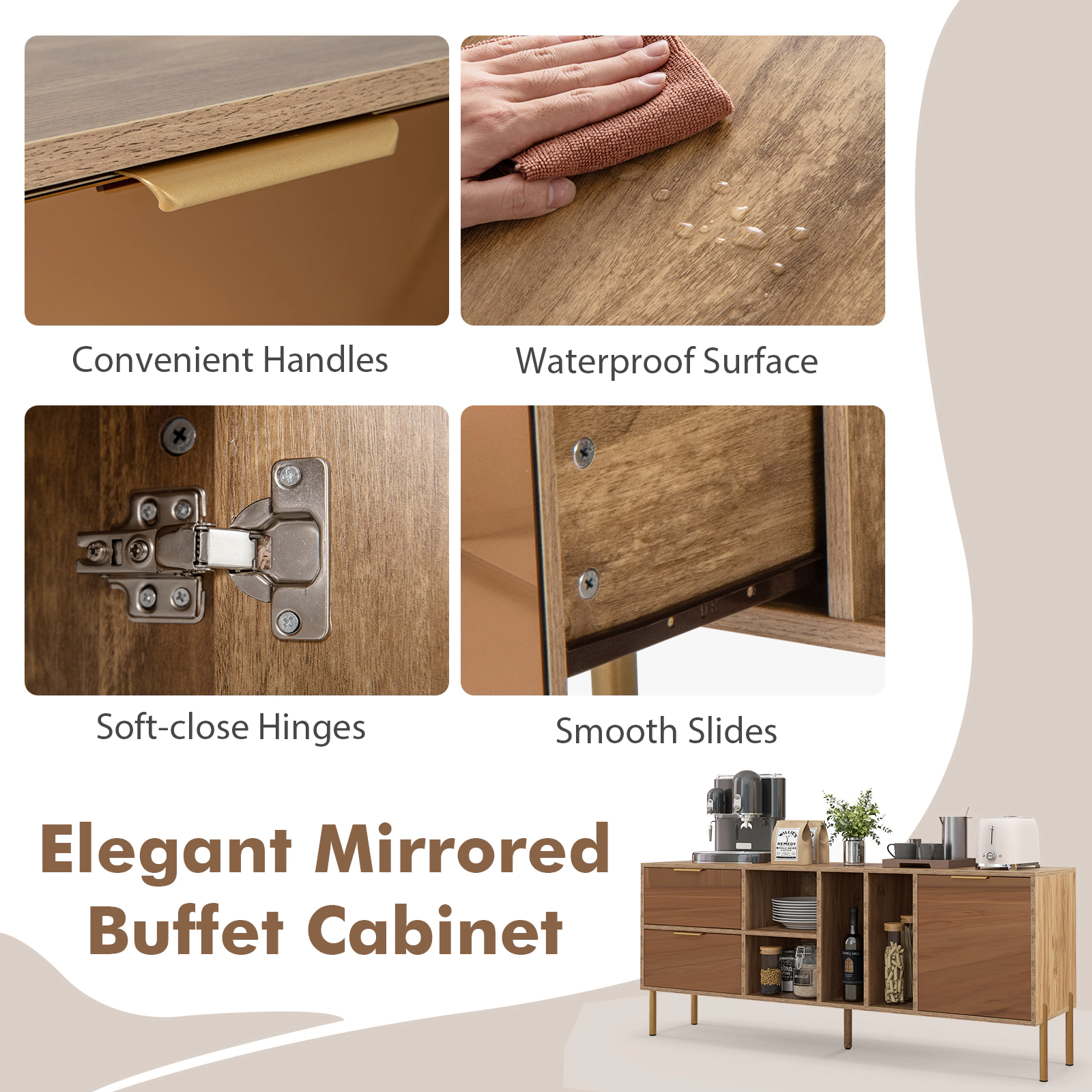 SUGIFT 59-in 180-lb Tabletop Natural Mirrored Buffet Cabinet with 2 Drawers 4 Open Compartments and 1 Door