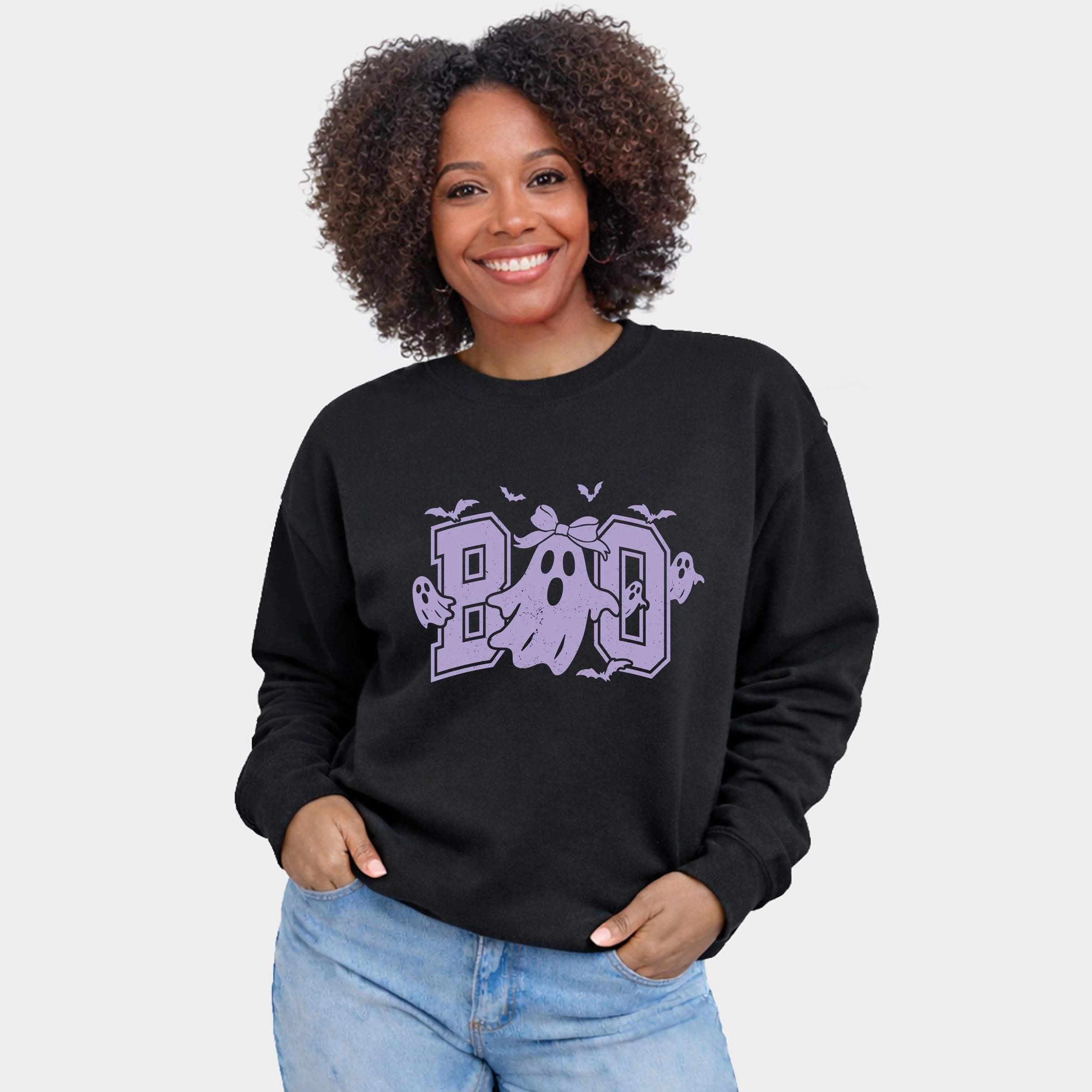 Simply Sage Market - Women's Graphic Sweatshirt Boo Varsity Ghosts Coquette