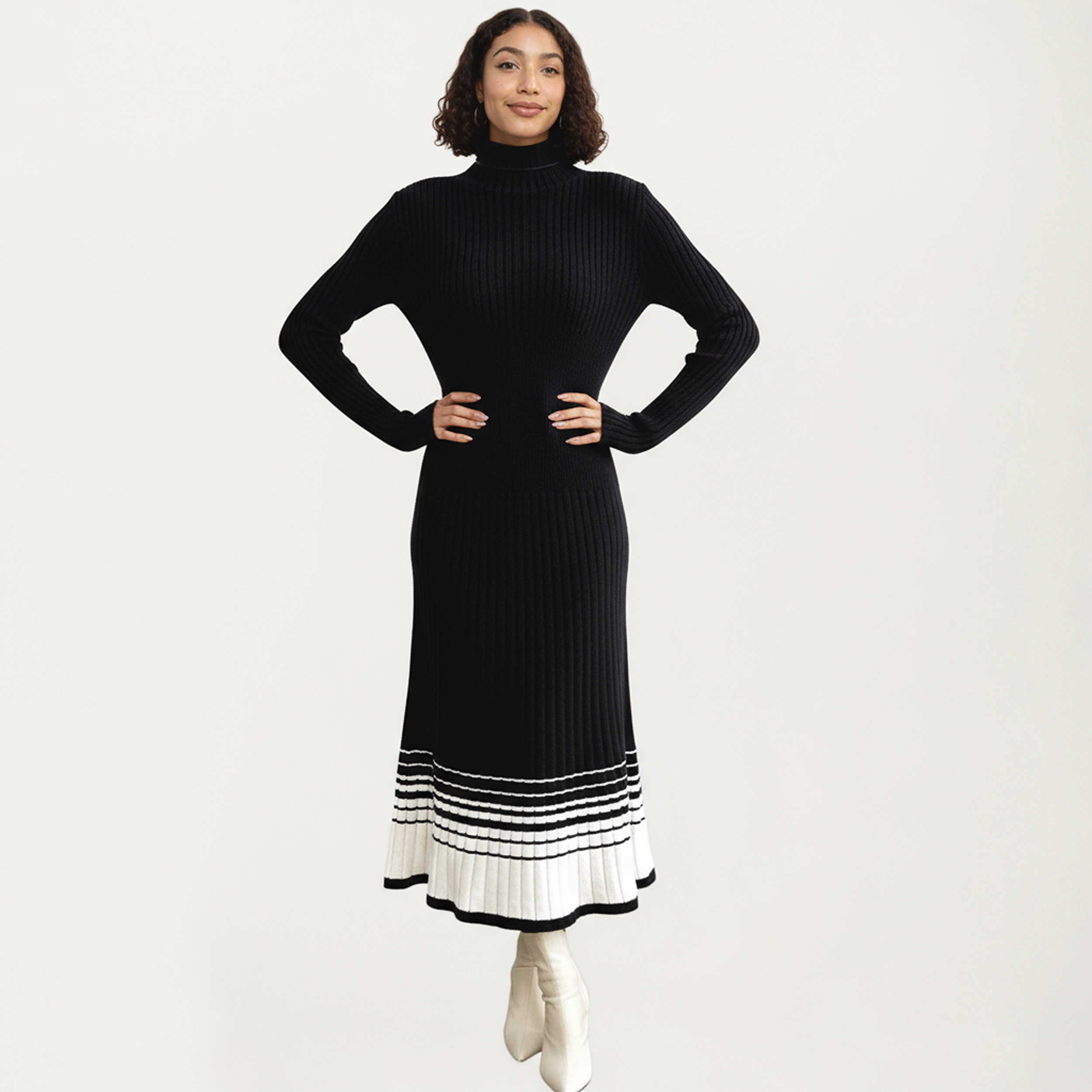 Anna-Kaci Women's Long Sleeve Ribbed Knit Contrast Hem Stripe Midi Dress