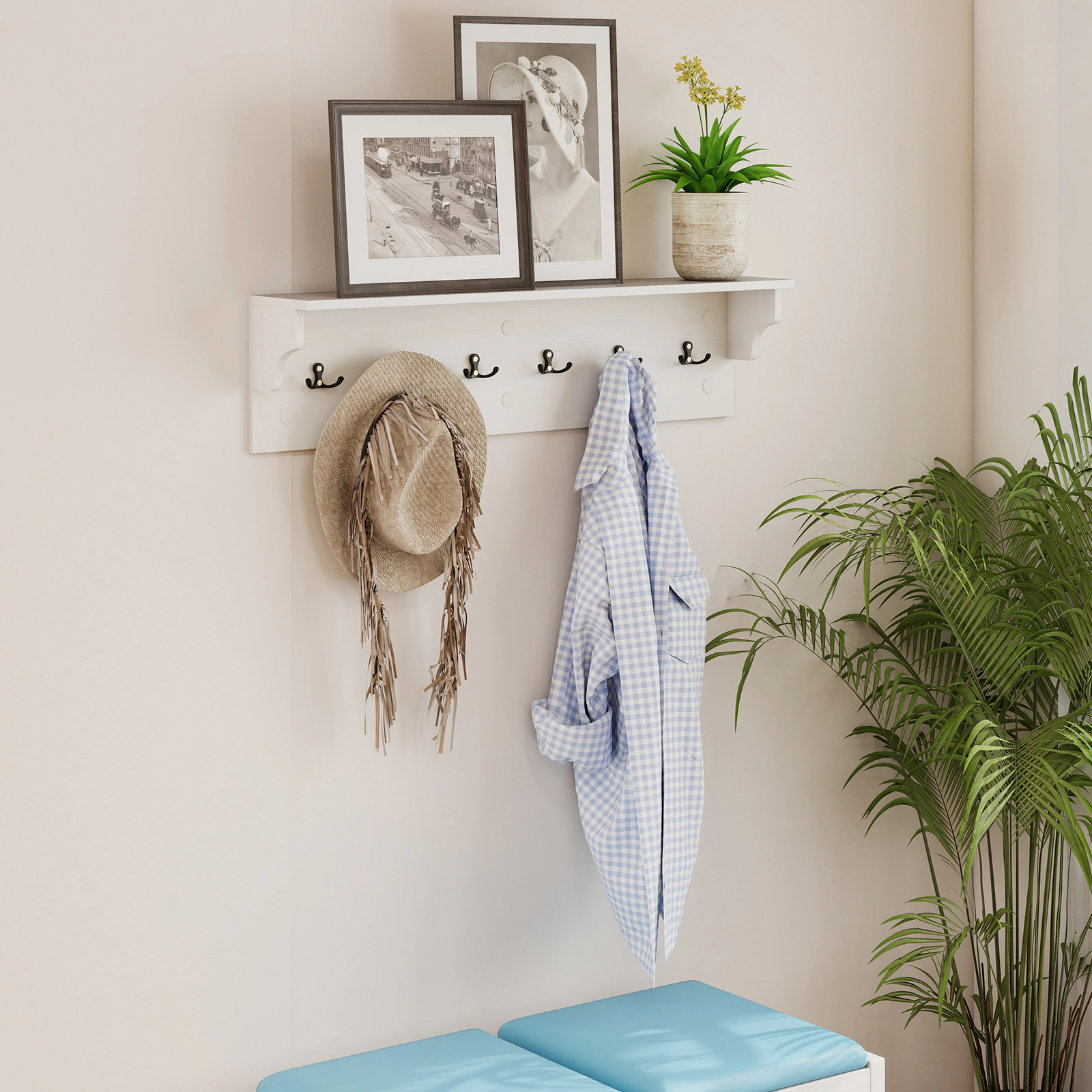 SUGIFT 31.5-in Wooden Wall Mounted Coat and Hat Rack with Display Shelf and 6 Hooks for Towels and Robes