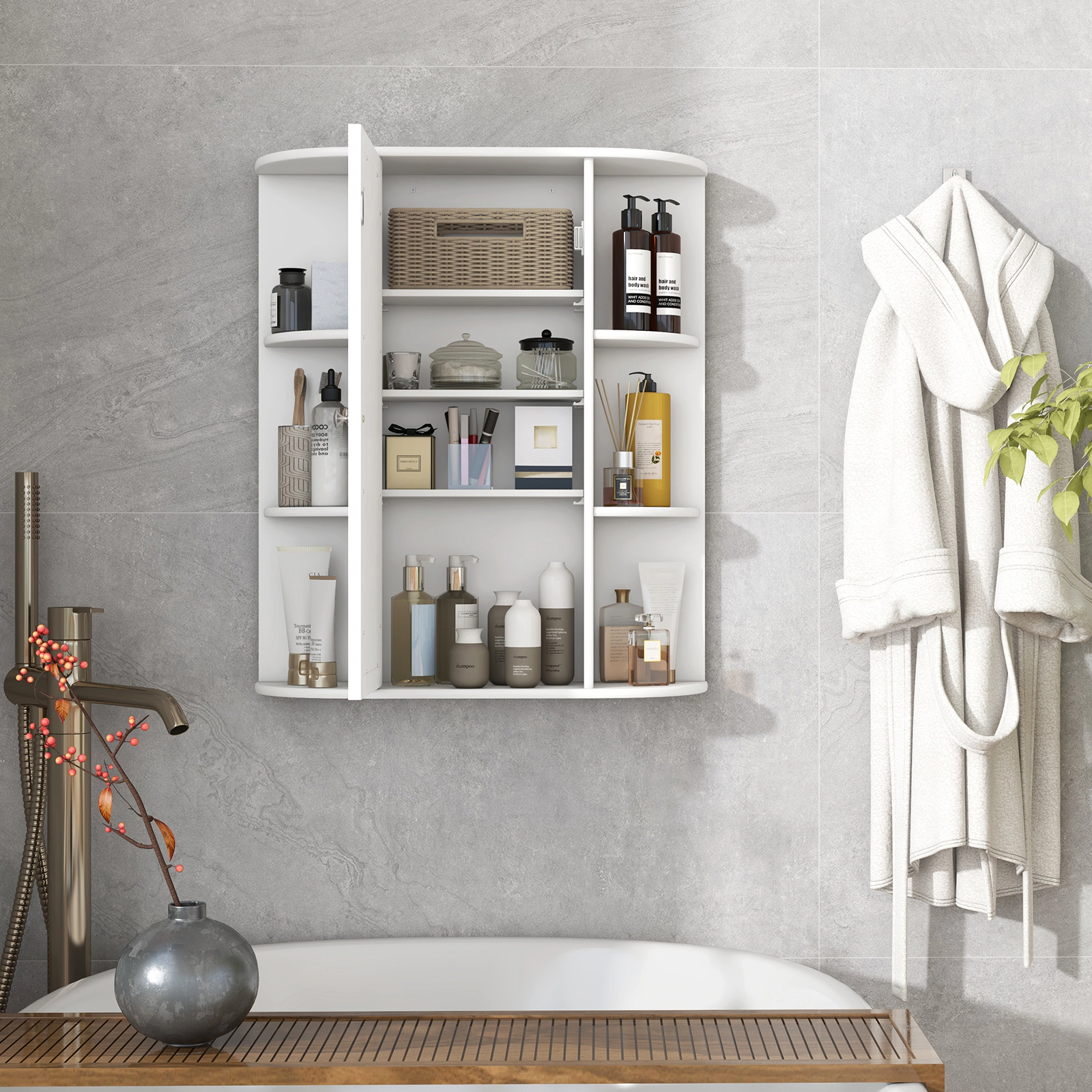 SUGIFT Mirror Door 3 Adjustable Tiers 6 Open Shelves Bathroom Medicine Cabinet 23-in x 6.5-in x 27.5-in 80-lb White