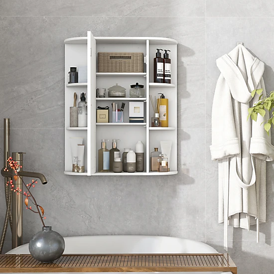 SUGIFT Mirror Door 3 Adjustable Tiers 6 Open Shelves Bathroom Medicine Cabinet 23-in x 6.5-in x 27.5-in 80-lb White
