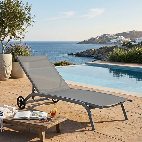 SUGIFT 6-Position Outdoor Chaise Recliner, Gray, Wheels, Quick-Drying Fabric, Steel Frame