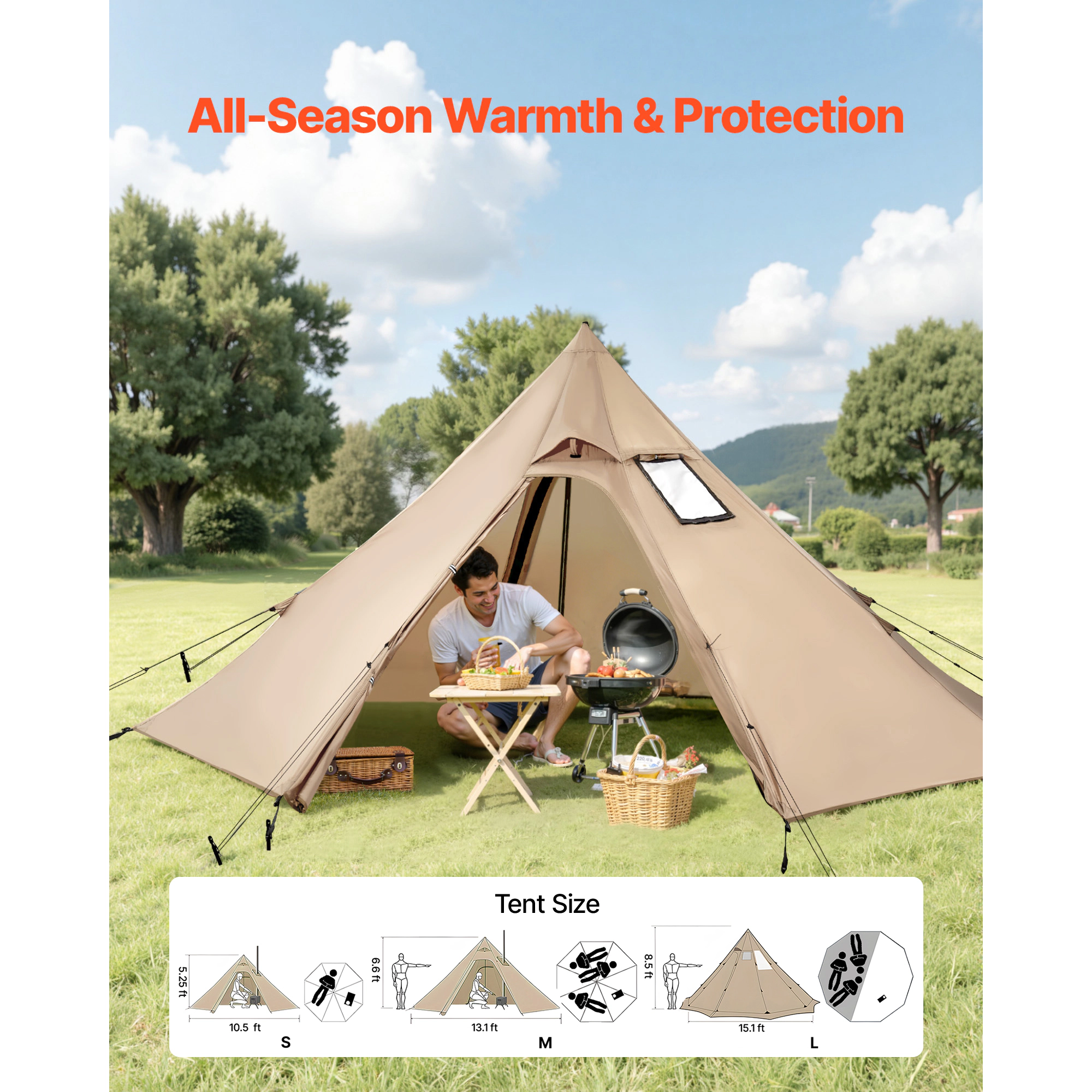 HONGGE Hot Tent for Portable Winter Tipi Tent with Stove Jack Waterproof Camping Tents Lightweight 4 Season Shelter