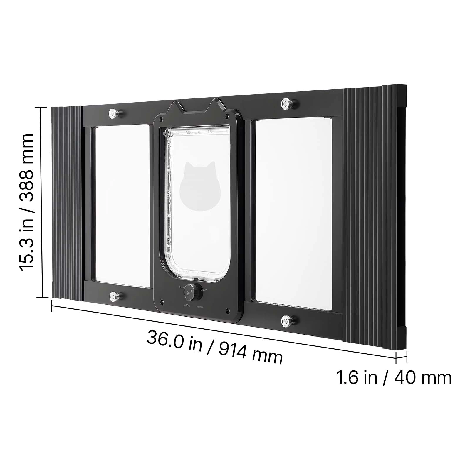 HONGGE Cat Door for Window, Adjustable 31 to 36 Inch Width, 4-Way Lock, Aluminum Frame with Magnetic Closure, Black
